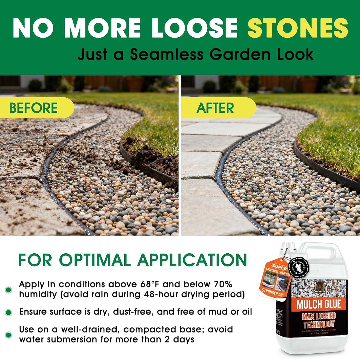 Vollence 1.3 Gallon Ready to Use Mulch Glue for Landscaping,Rock Glue,No Dilution Needed Fast-Dry Weather-Resistant Strong Gravel Binder, Pine Straw Outdoor Strong Pebble Gravel Hold for Garden