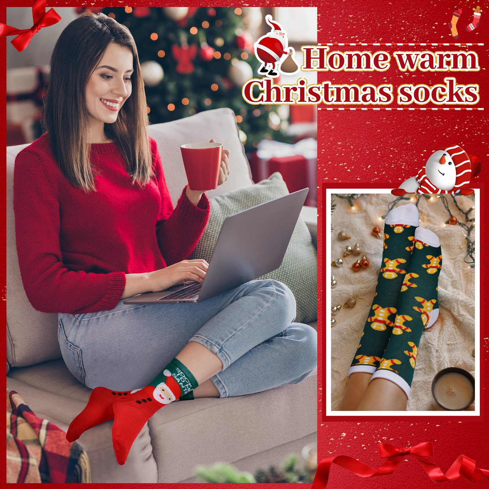 Handepo 24 Paar warme weiche Weihnachtssocken Xmas Crew Urlaub Socken Bunte Festliche Socken für Jugendliche Frauen Neuheit