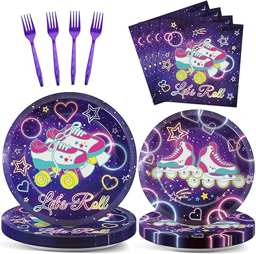 96 piezas de suministros de fiesta de patinaje sobre ruedas, platos de papel con temática de rollo, platos de patinaje y servilletas, decoraciones disponible en Yaxa Peru