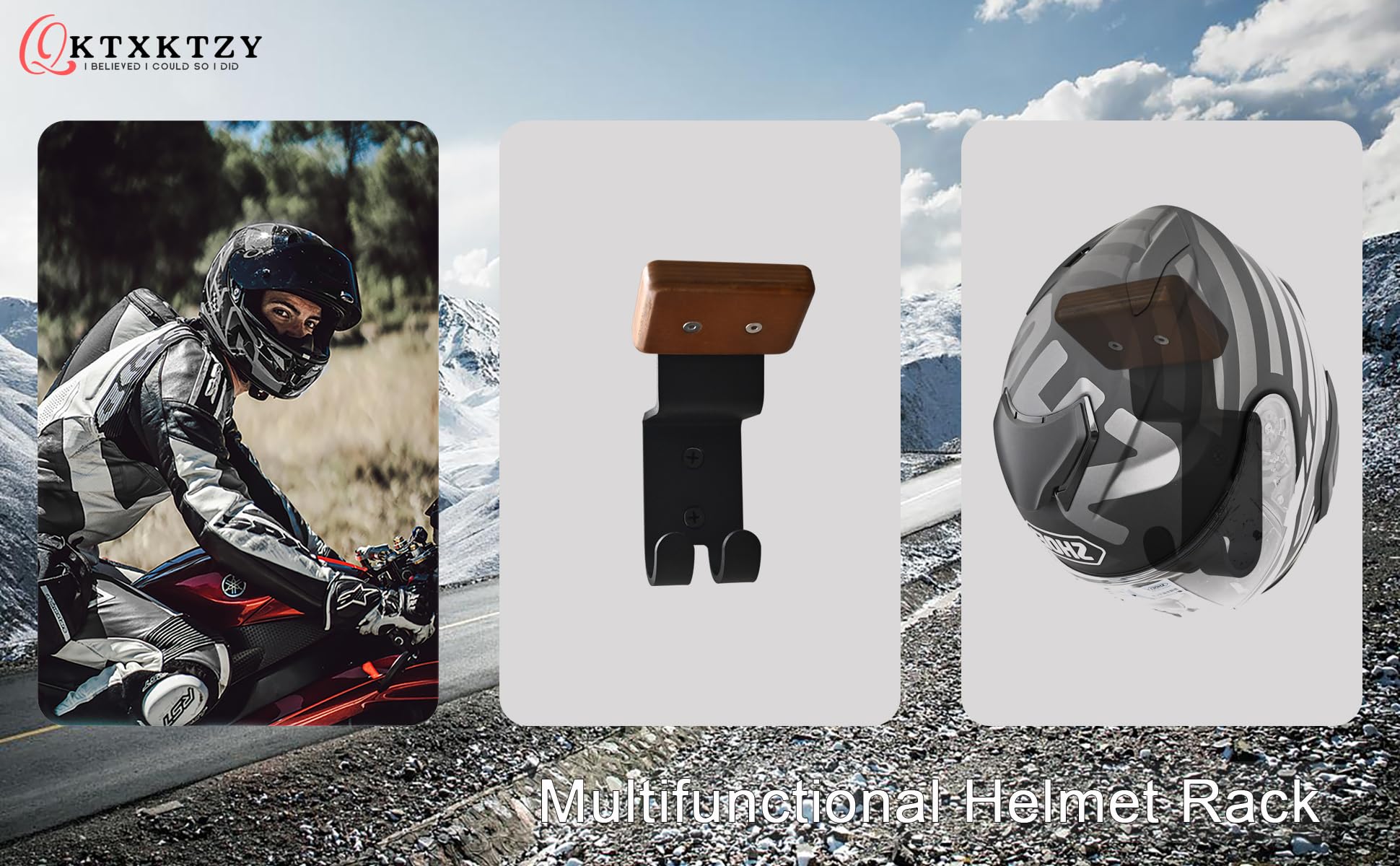 Wall Mount Helmet Holder With Key Hooks - Solid Wood Motorcycle Gear Rack