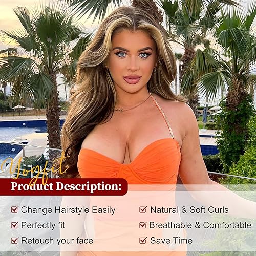 Miniatura 4 de YOGFIT Peluca ondulada de color rubio ceniza con reflejos rubios claros para mujer, peluca de encaje frontal de 26 pulgadas, peluca sintética rizada