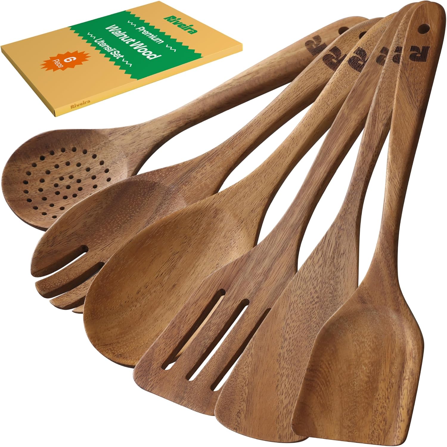Riveira Walnut Wooden Spoons for Cooking Set of 6  Natural Walnut Wooden Cooking Utensils, Wooden Spatula, Wooden Spoon - Premium Quality Wooden Utensil Set for Non-Toxic Cooking