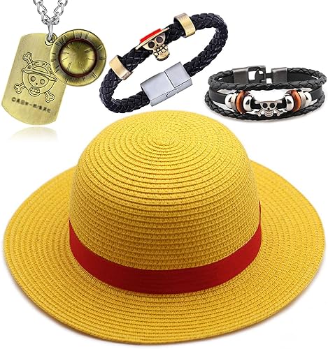 TFYU Sombrero de pirata de paja, disfraz de anime, cosplay, joyería, fiesta, hombres y mujeres, sombrero de sol de playa, collar Ruffy, pulseras de