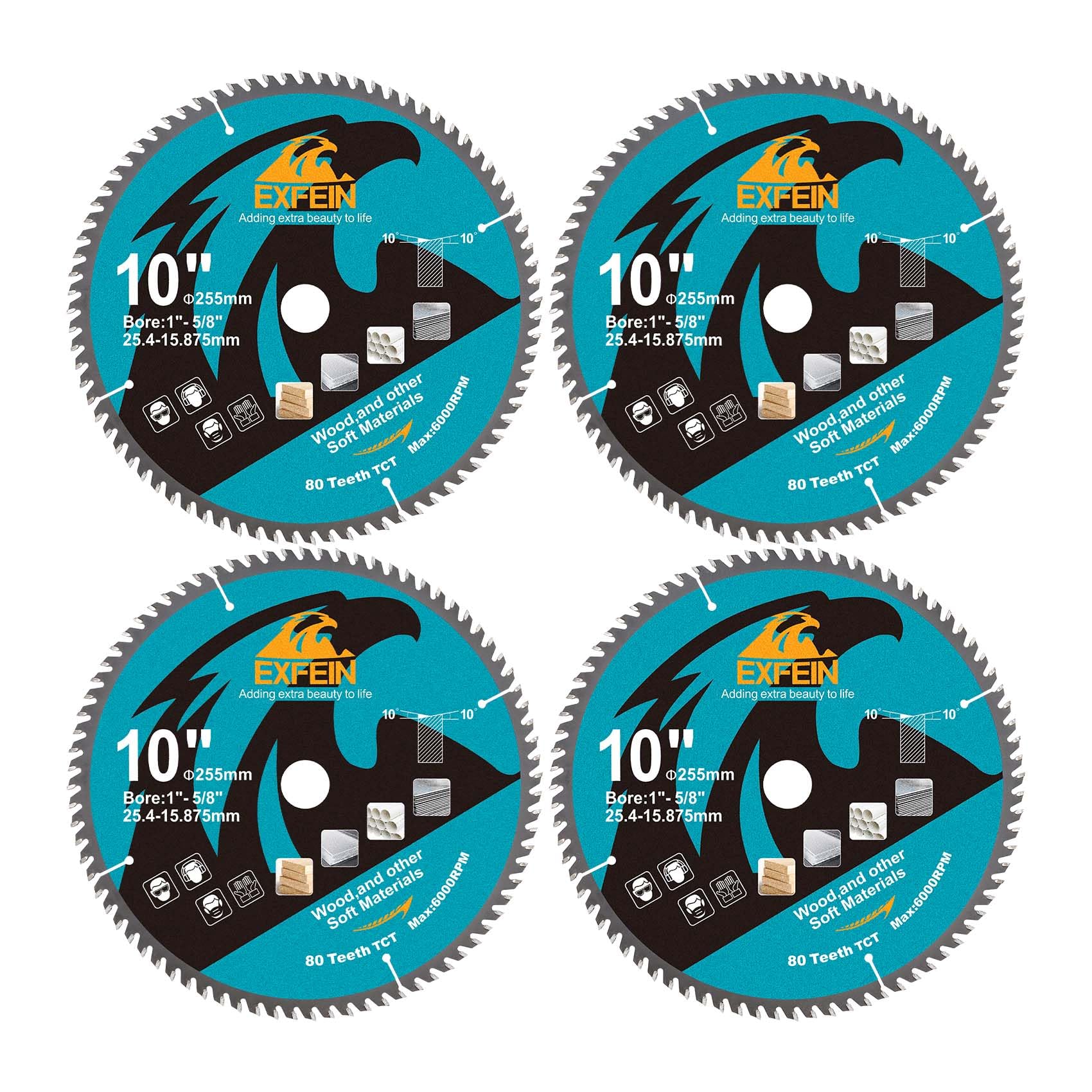 EXFEIN 255mm Wood Cutting Discs 4pcs, 80 Teeth ATB TCT Fine Finish Disc with 25.4mm Bore for Wood Plastic
