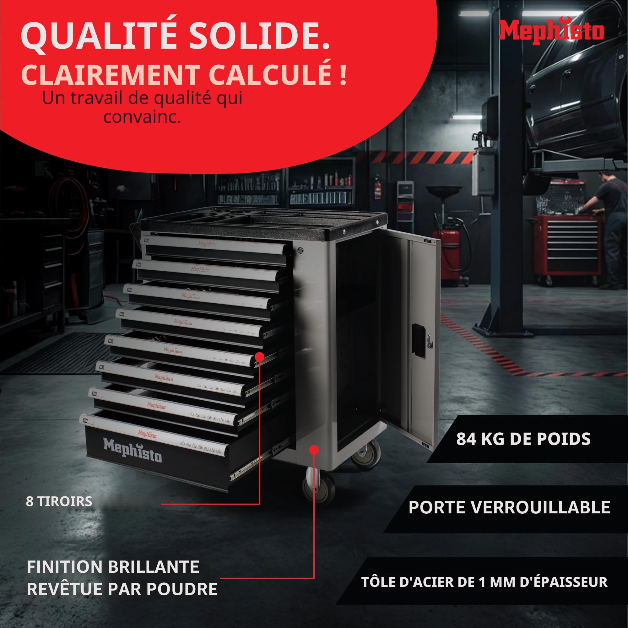 Mephisto Chariot à Outils 8 tiroirs avec Outils tels Que clé à molette, cliquet avec boîte à Noix, clé à sifflet, etc. dans des tiroirs remplis de Carbone