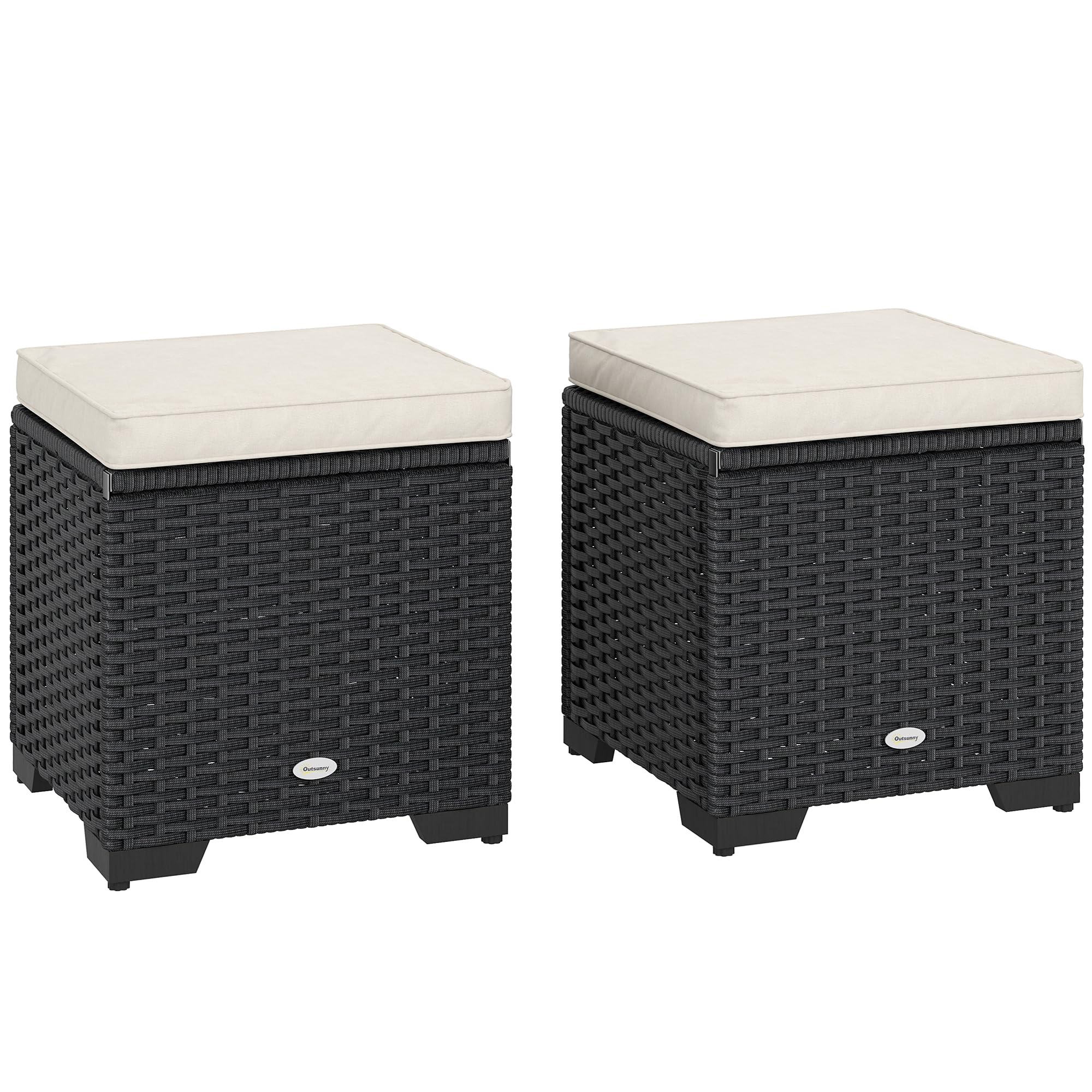 Outsunny Juego de 2 otomanas de mimbre para almacenamiento, reposapiés para exteriores con cojines extraíbles, asiento de almacenamiento de jardín para balcón, porche, sala de estar, color blanco