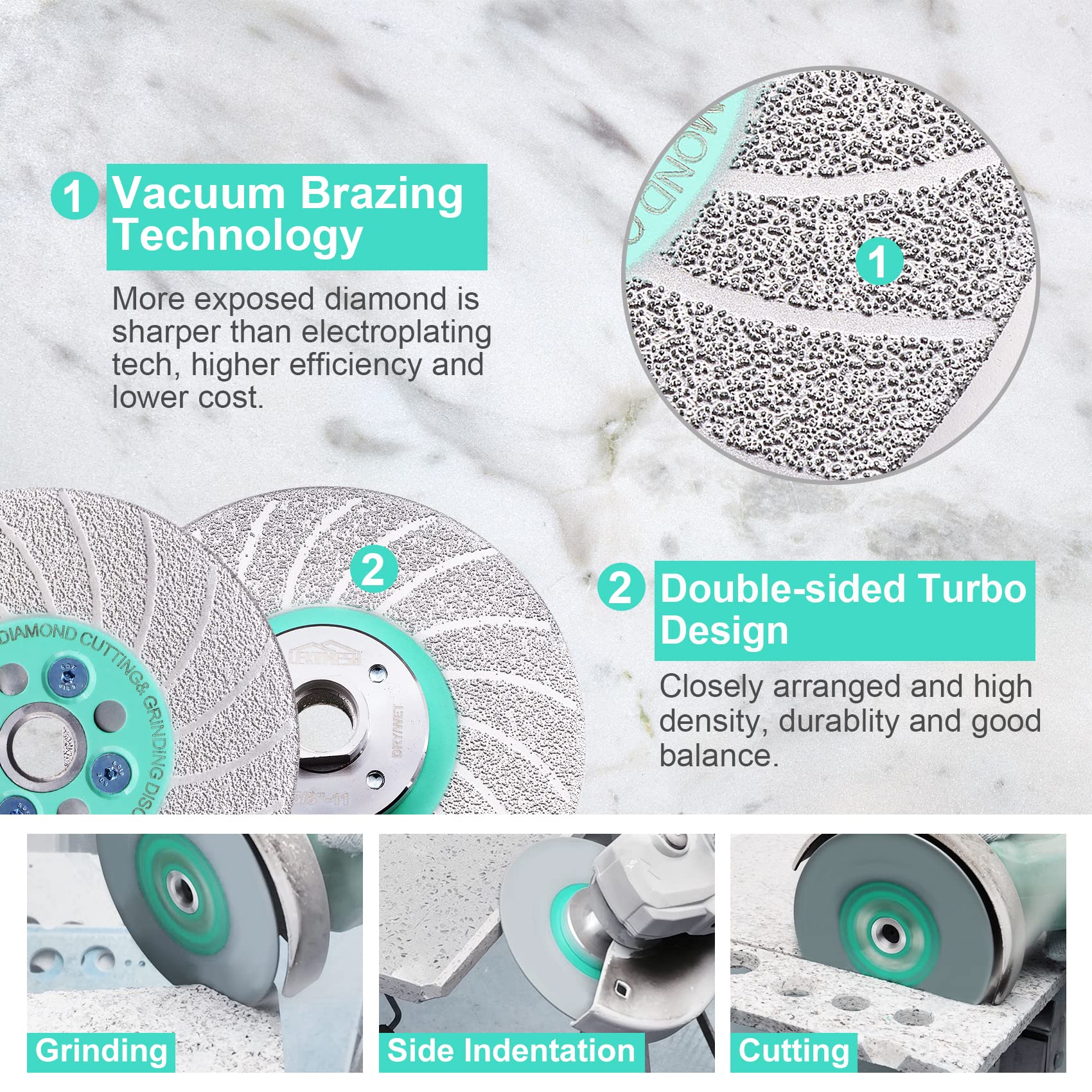 Disque Diamant 125 mm Coupe & Meulage, Double Face Brasé sous Vide pour Meuleuse d’Angle, Multi-Matériaux (Carrelage, Marbre, Granit, Béton), Coupe Rapide et Façonnage