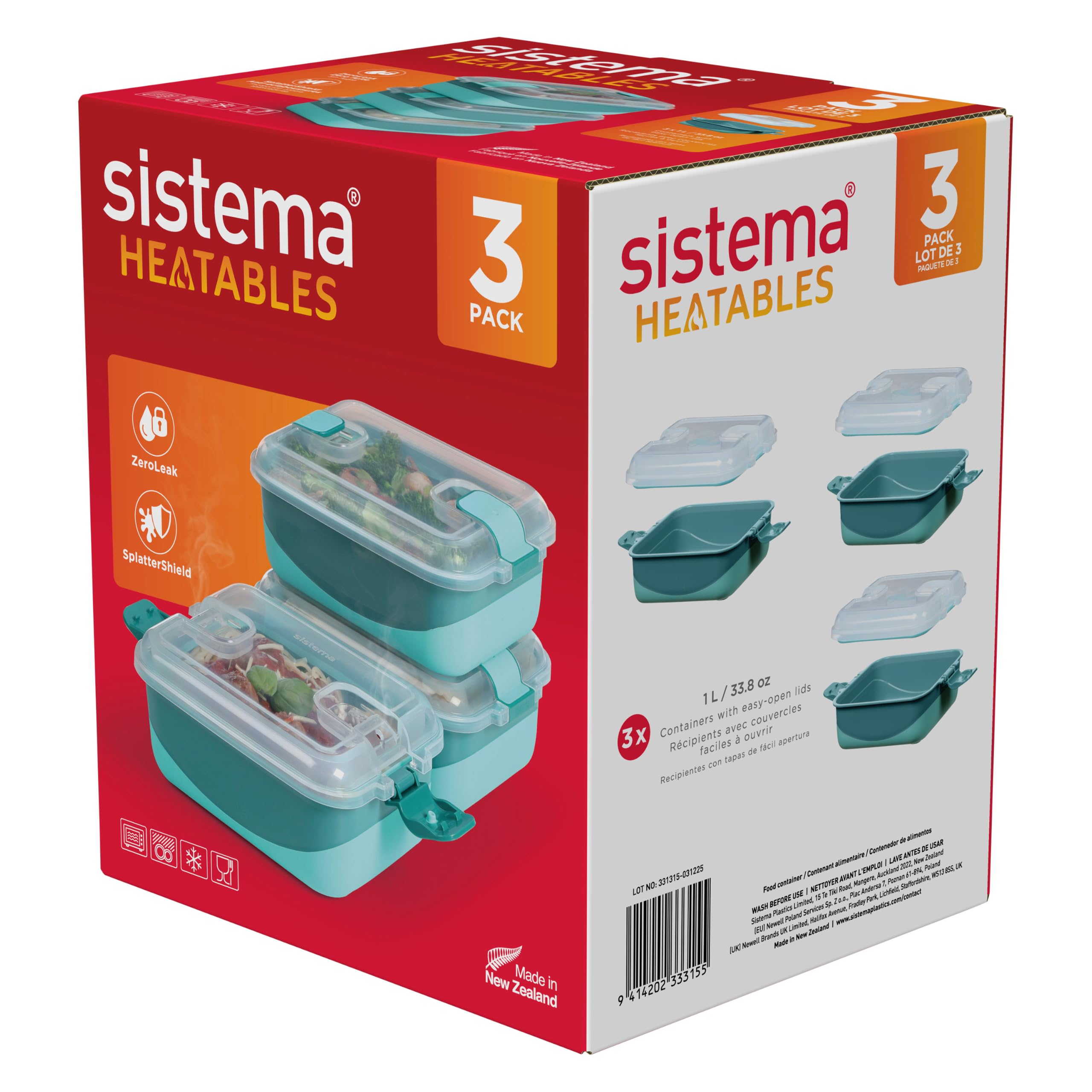 Sistema 100% Leakproof Heatables Microwave Food Container with Easy-Open Vents, Dishwasher Safe, 1L Rectangle, Latte, 3Pk