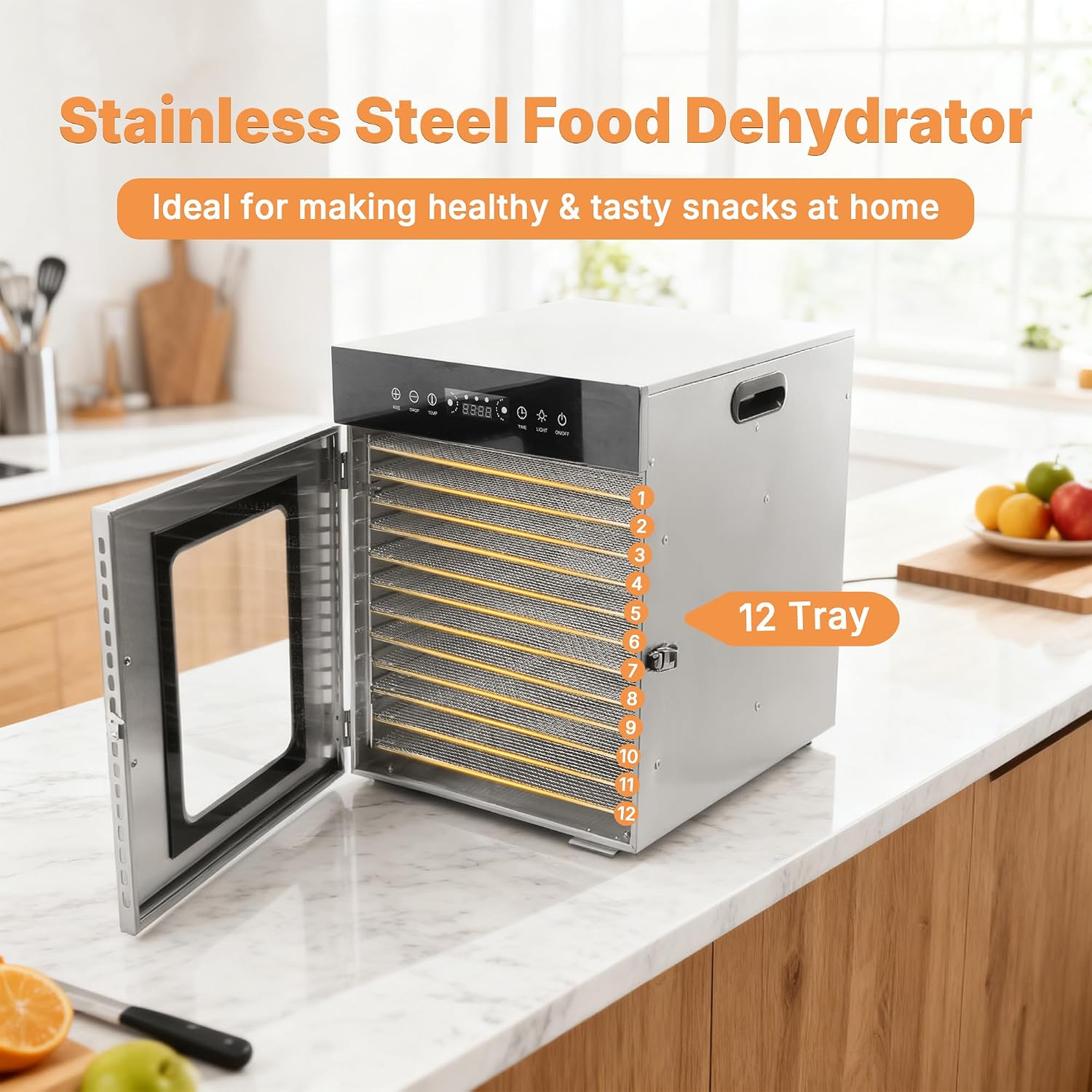 Hakka Food Dehydrator Machine, Stainless Steel 12 Trays Food Dryer Machine with Temp Control & 24H Timer for Jerky/Meat/Fruit/Herbs/Mushroom/Vegetable/Snacks/Pet Treats, 1000W