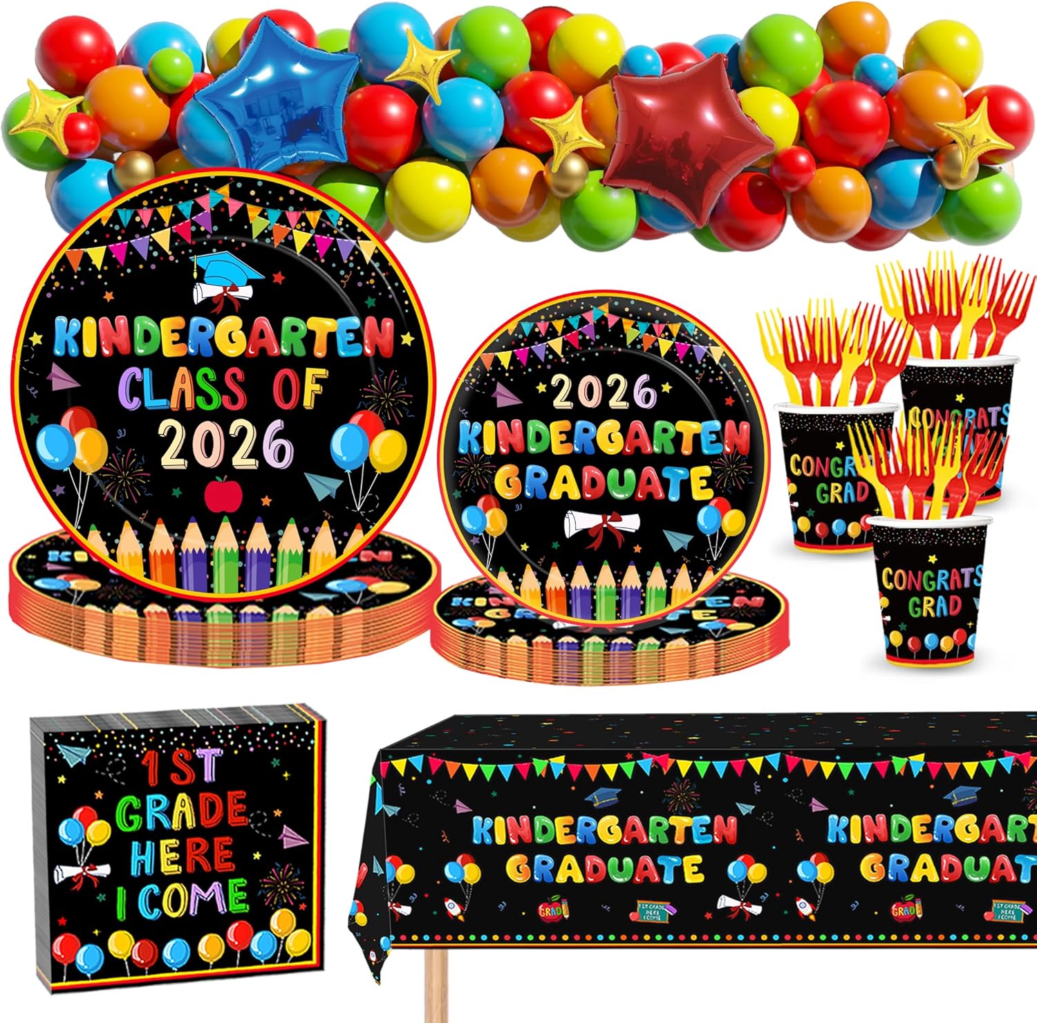 Kindergarten Graduation Decorations,224PCS Kindergarten Graduation Decorations(Serves 25)with Kindergarten Graduation Balloon Arch kit,Paper Plates and Napkins set for Grad Party Decorations 2026