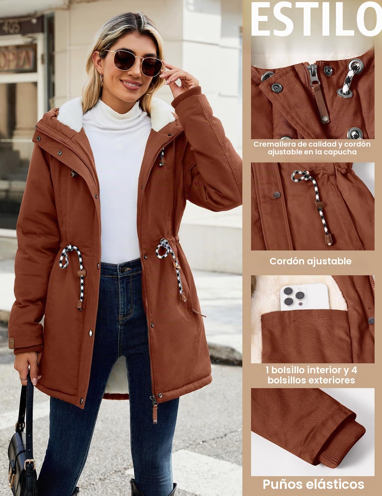 Xnova Abrigos Parka Mujer Invierno Largo Chaquetas de Forro Polar de Algodón Chaquetón Termica Felpa con Capucha de Pelo Sintetico Cazadoras Talla Grande Cálido