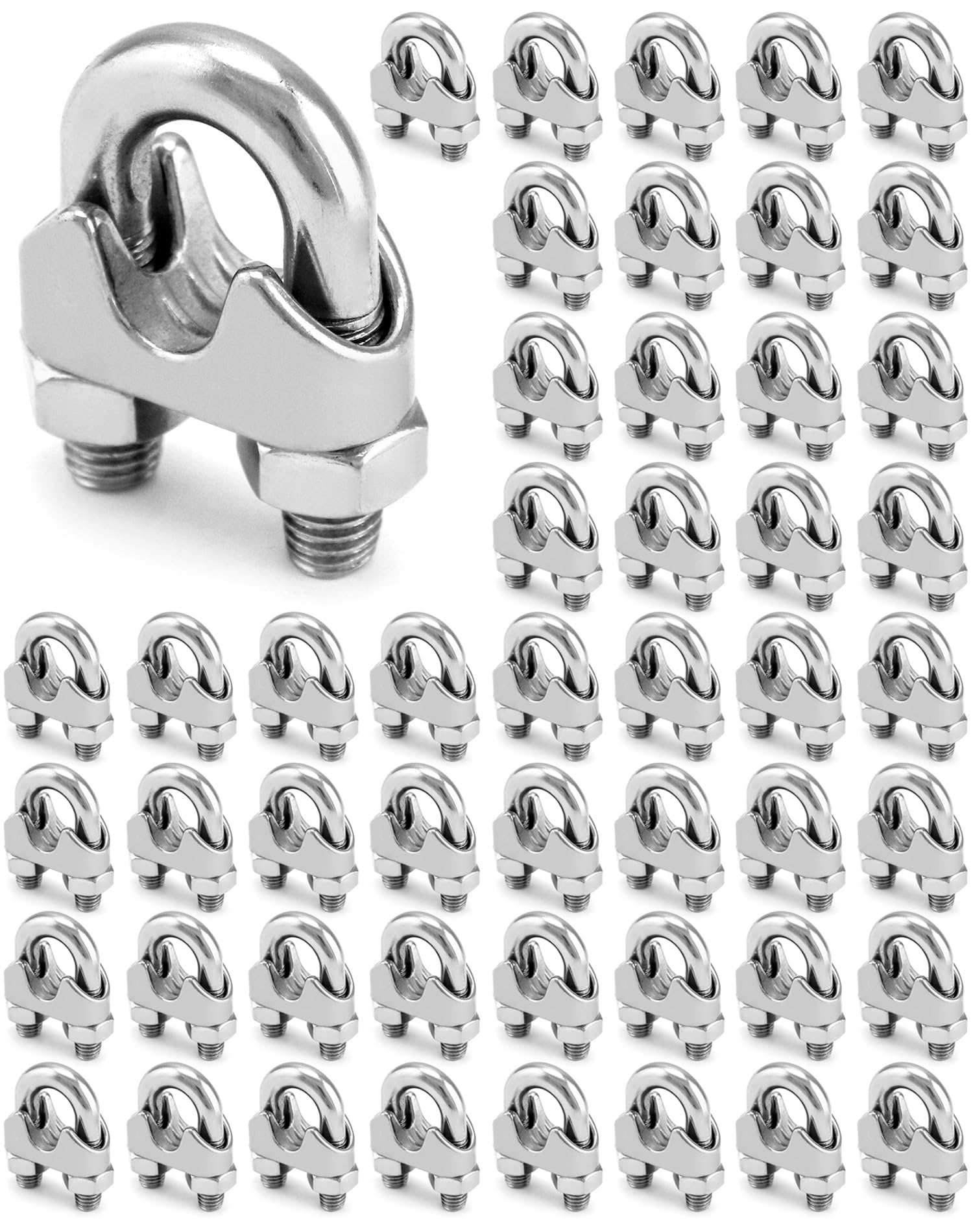 QWORK Morsetto per fune metallica da 1/2", M12, confezione da 50 pezzi di grandi dimensioni con bullone a U, morsetti per cavi di fissaggio in acciaio inossidabile 304, collega 2 strati di filo per