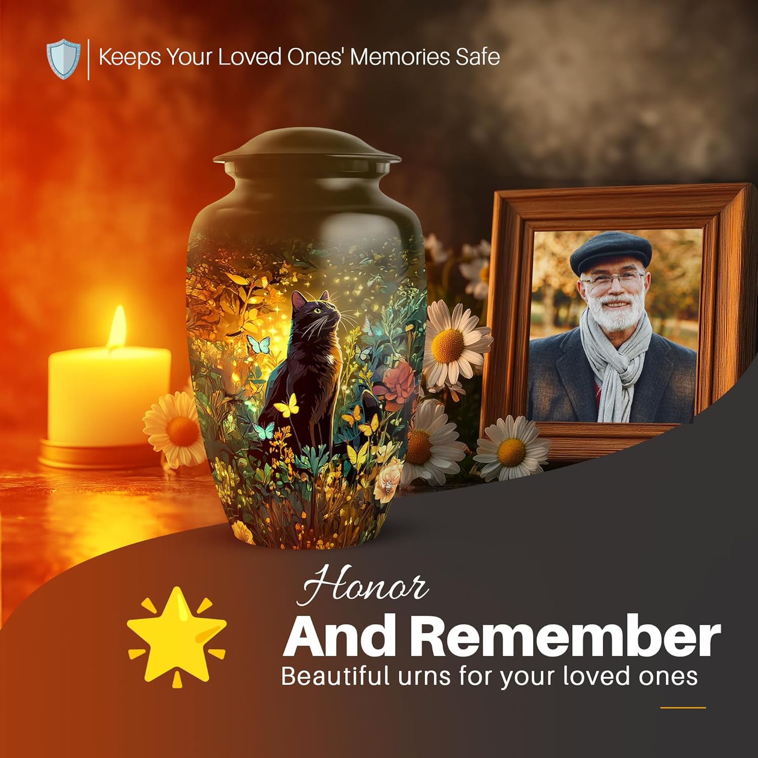 Yatskia Black Cat with Flowers Decorative Cremation Urns for Human Ashes Adult Mom and Dad, Large Funeral Urn for Ashes Adult Men, (Classic Large, 10 Inch)