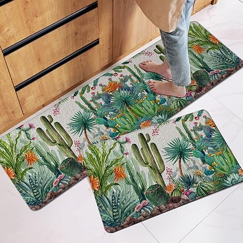 Miniatura 1 de Juego de 2 alfombras de cocina de mármol con diseño de cactus, suculentas, color verde tropical, plantas de cactus suculentas, tapetes de cocina de
