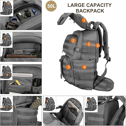 Miniatura 10 de HRTACPAG Mochila táctica militar Molle de 50L Mochila de senderismo impermeable Ejército grande Paquete de asalto de 3 días Mochila resistente,