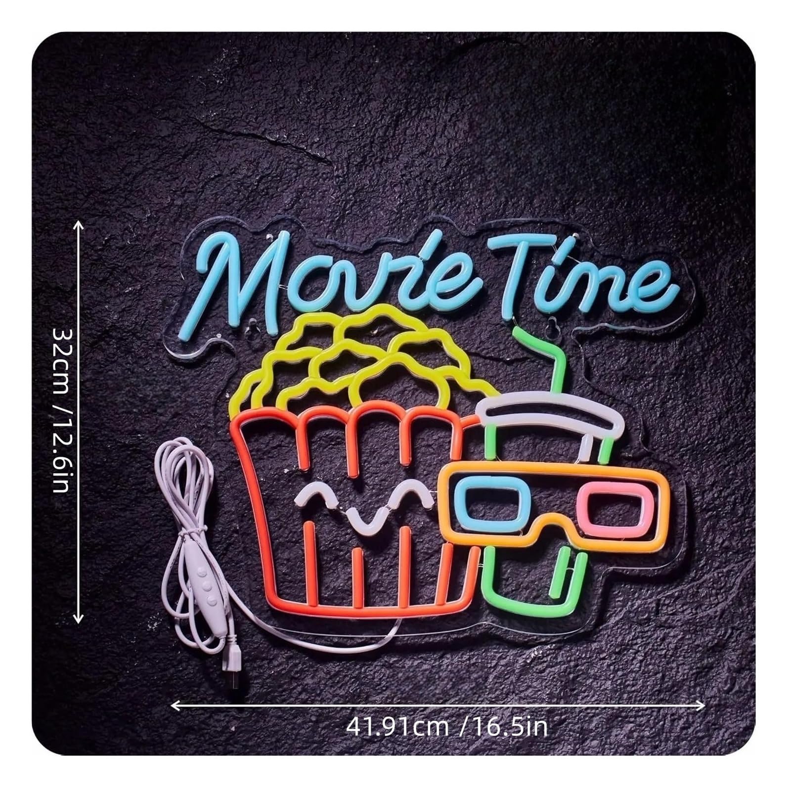 Luz de Diseño de Digital Movie Time Letrero De Neón Cine De Palomitas De Maíz Brillo De Luz LED Ajustable Para Decoración De Pared Para Cine Sala De Cine Fiesta 41.91cm×32cm