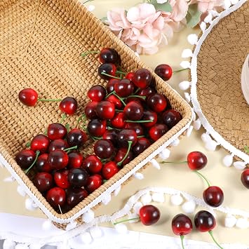 50 PCS Artificial Red Cherries, Fake Cherry Model Lifelike Fruit Cherry Ornament Simulation Cherry Fake Fruit Model Fake Candy for Party Home Kitchen Dining Decoration (Black Red)