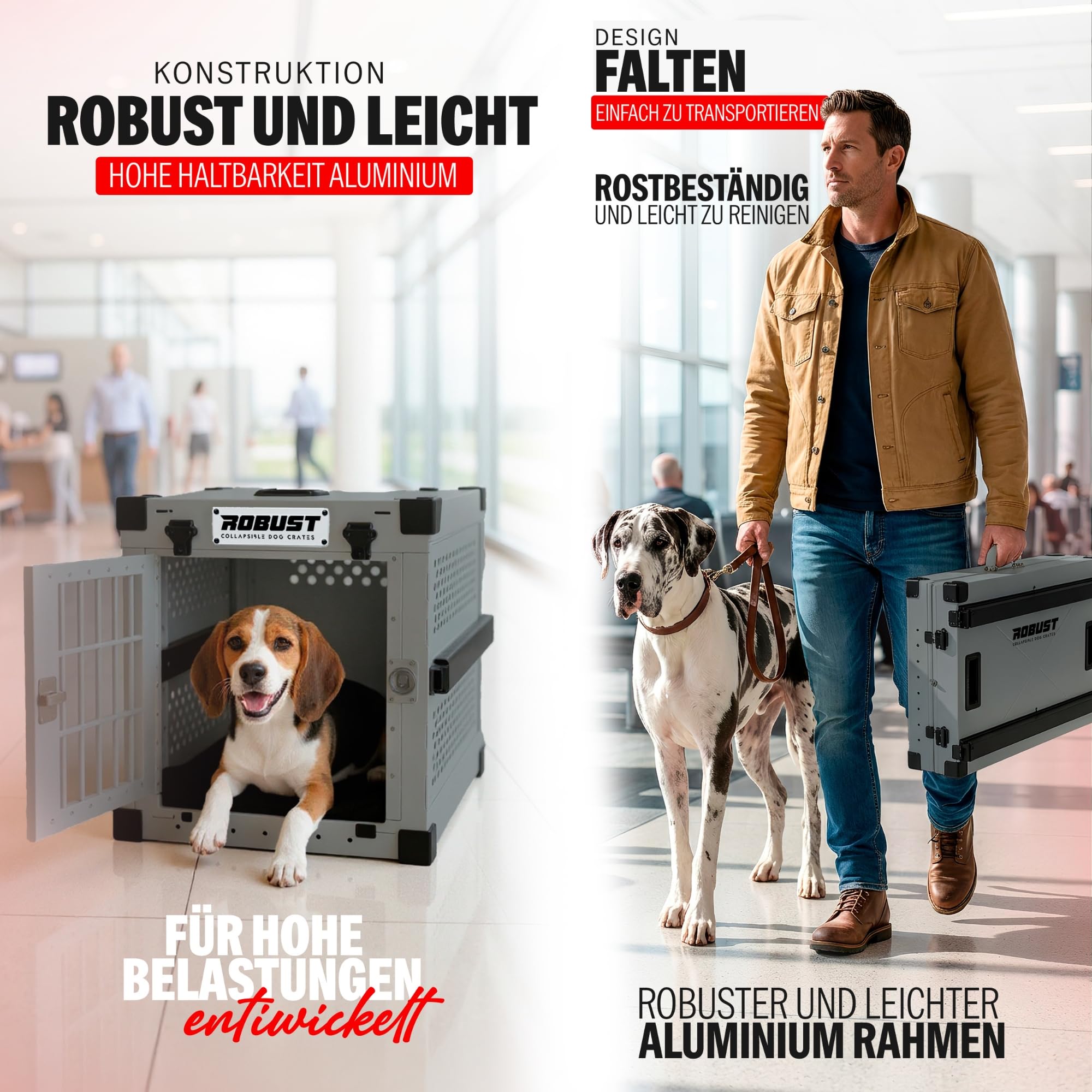 ROBUST Hundetransportbox Auto Faltbar für Alle Hunderassen – Leichte Hundebox aus Aluminium mit Verstärkten Ecken | Tragetasche Hund Kofferraum für Zuhause, Auto, Ausflug und Flugreisen (Gris, L)
