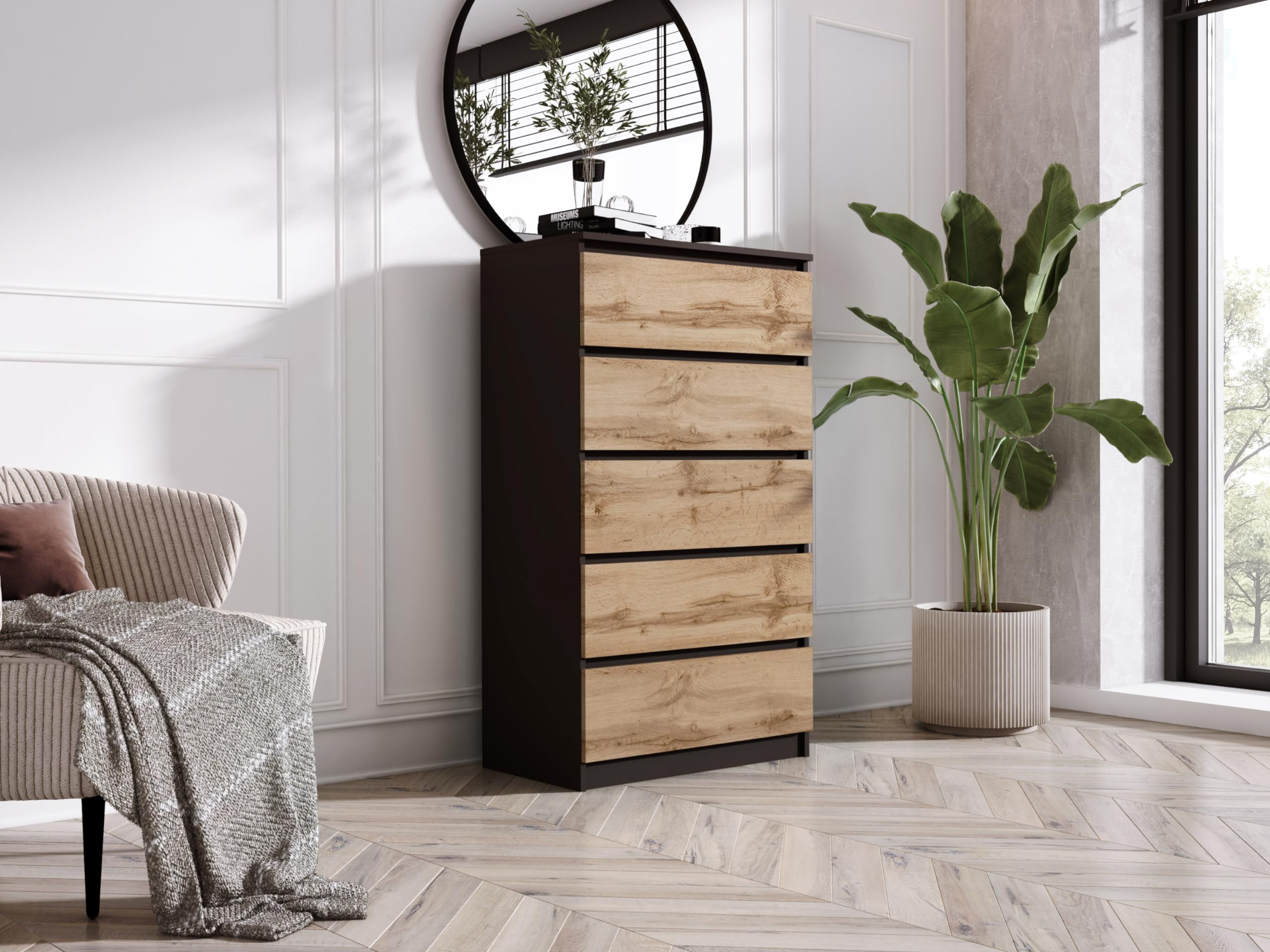 3E 3xE living.com Cassettiera, credenza con 5 cassetti, Nero/Quercia wotan, D: 70 x 124 x 39 cm