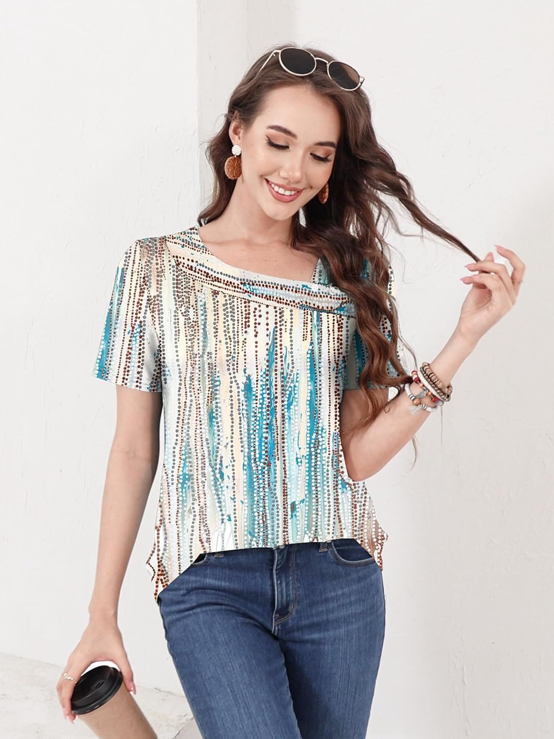 ETCYY Short Sleeve Tops for Women Trendy Summer Top 2025 Spring Shirts Square Neck Loose Tunic Dressy Casual Blouses - Image 4