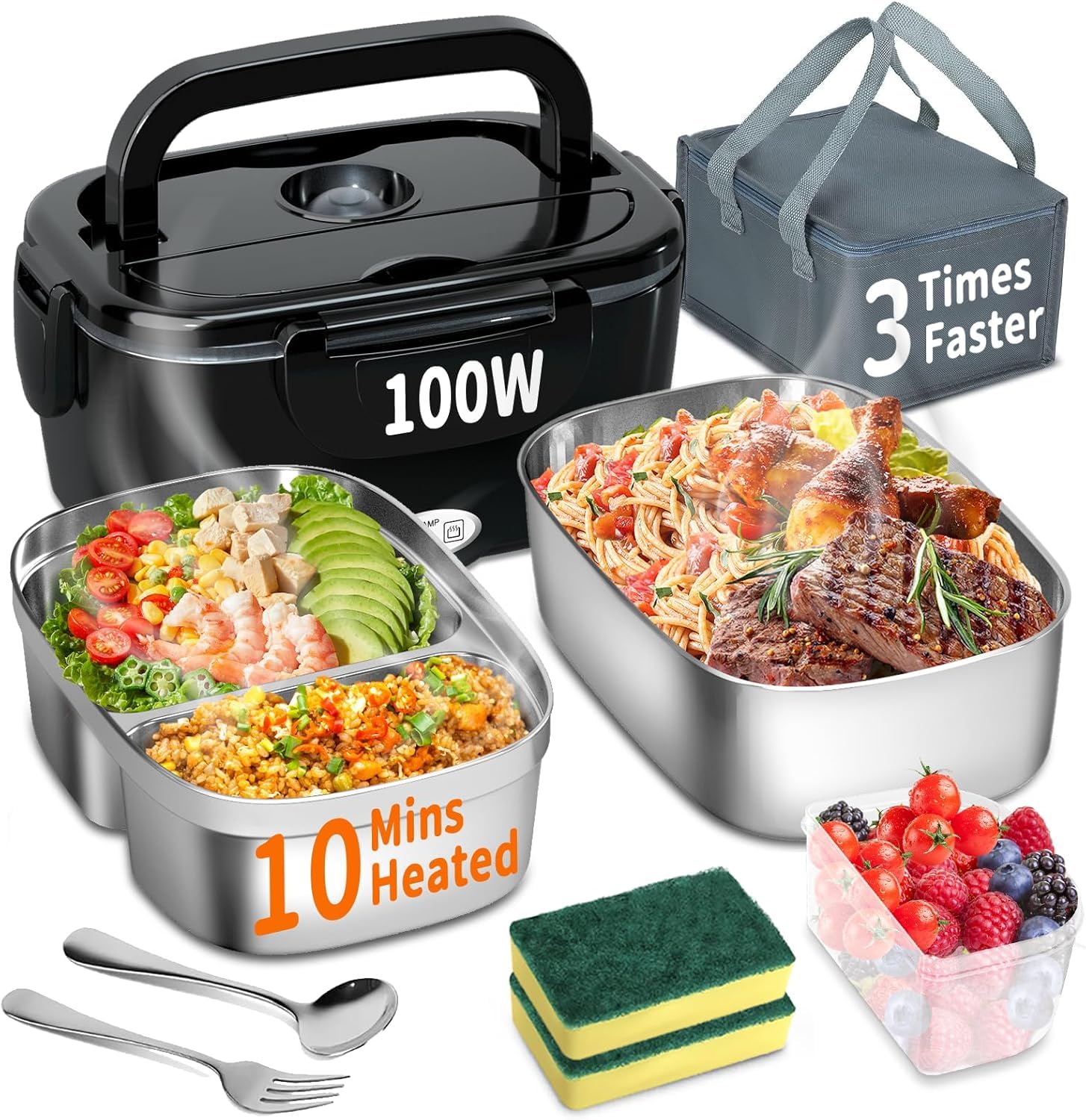 SOOOEC Electric Heated Lunch Box 100W - 3-in-1 Fast Heating Lunch Boxes Portable for Adults, 12V/24V/220V with 2 Pack Containers (Single & Compartment) for Car Truck Office (3 Times Faster)