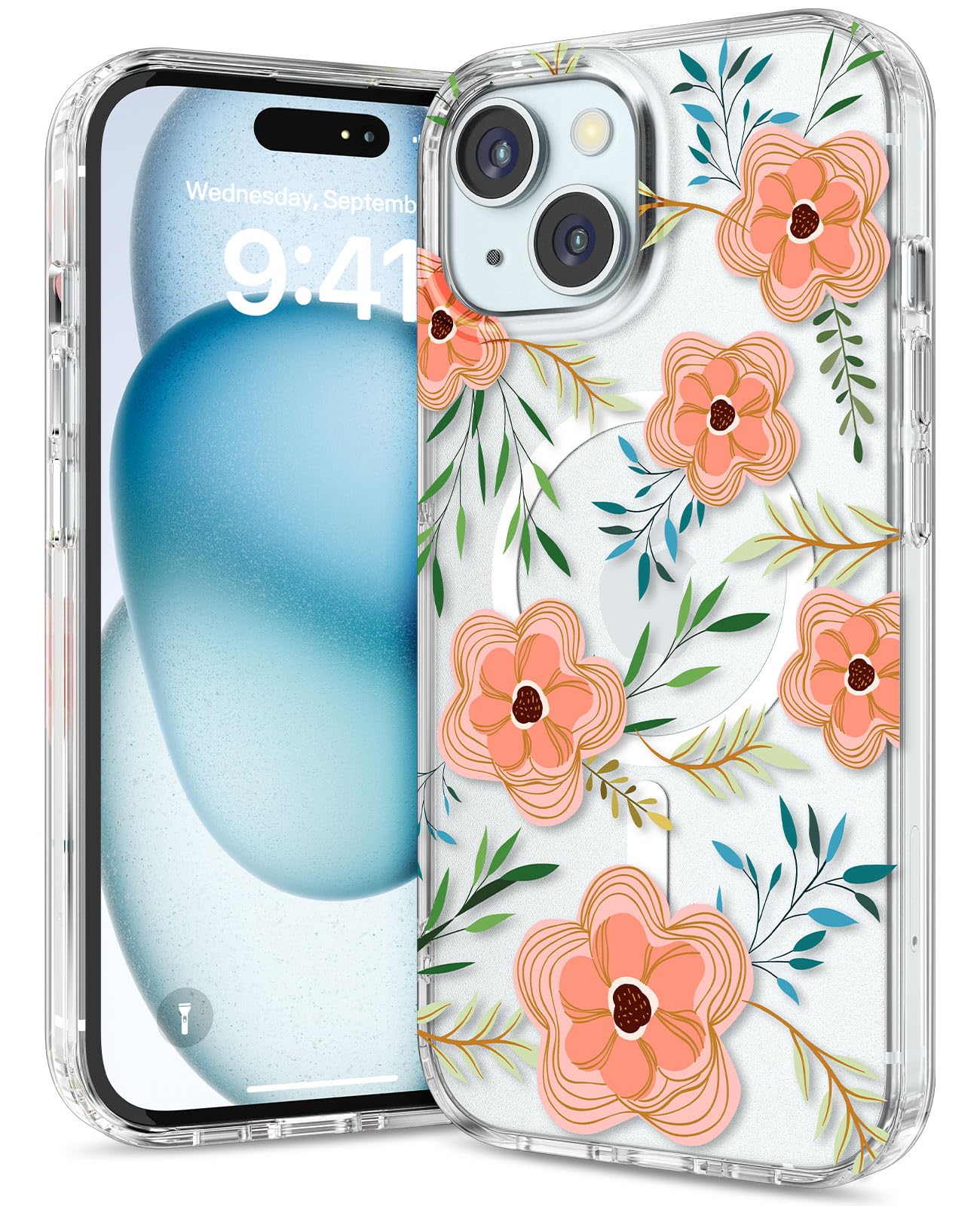 Jelanry for iPhone 15 Plus Case, Compatible with MagSafe & Clear Flowers for Women Girls Protective Case Non-Yellowing Cut...