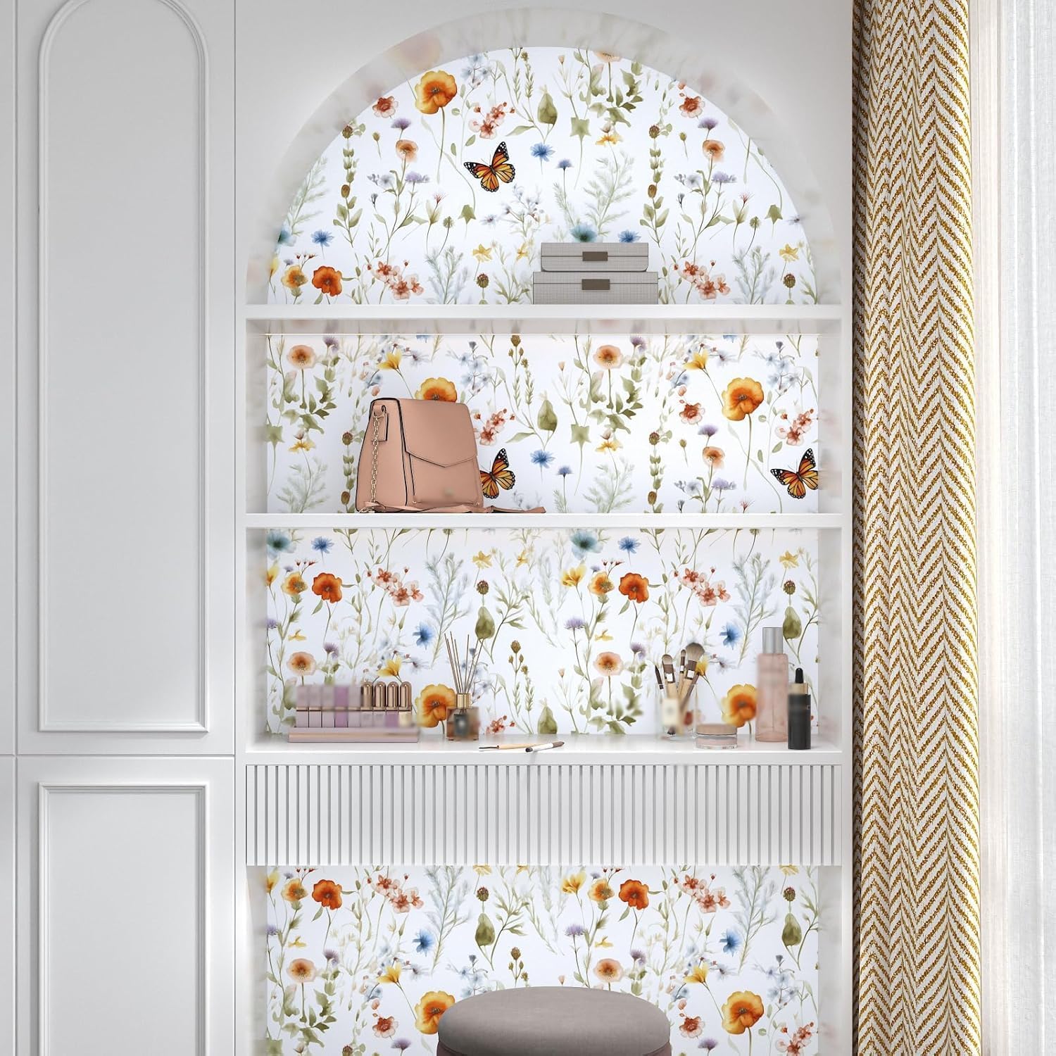 Fvlow Colorful Floral Wallpaper Peel and Stick Vintage Leaf Contact Paper Butterfly Floral Wallpaper Waterproof Self-Adhesive Wall Covering for Bedroom Countertop Desk Cabinets Decor 17.4" x 393"