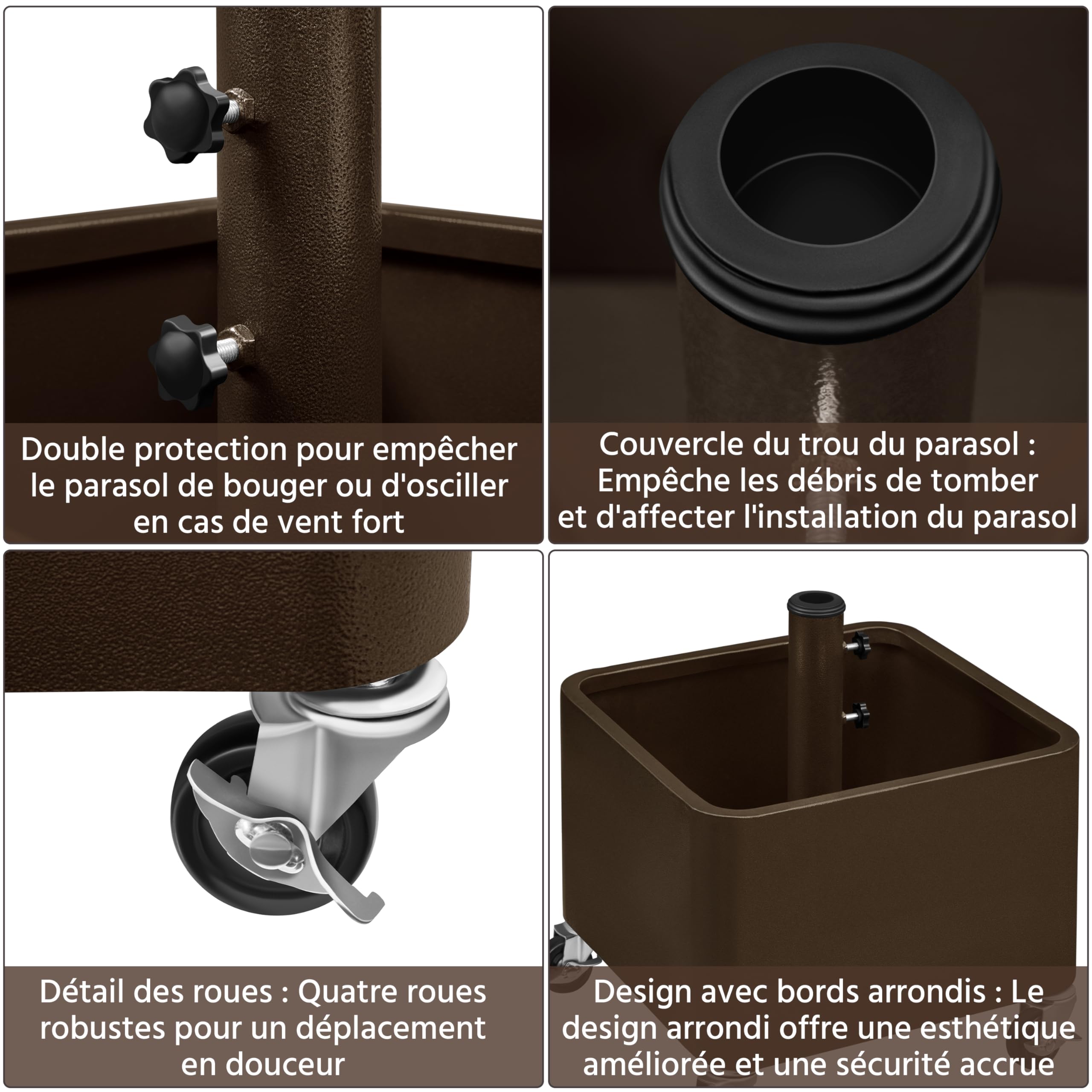 Yaheetech Pied de Parasol Carré avec Pot de Fleur 2 en 1, Charge Max. 150 kg, Support Parasol Base de Parasol avec roulettes, Trous de Drainage, Remplissage Sable/Pierres 45,5 x 45,5 x 48 cm