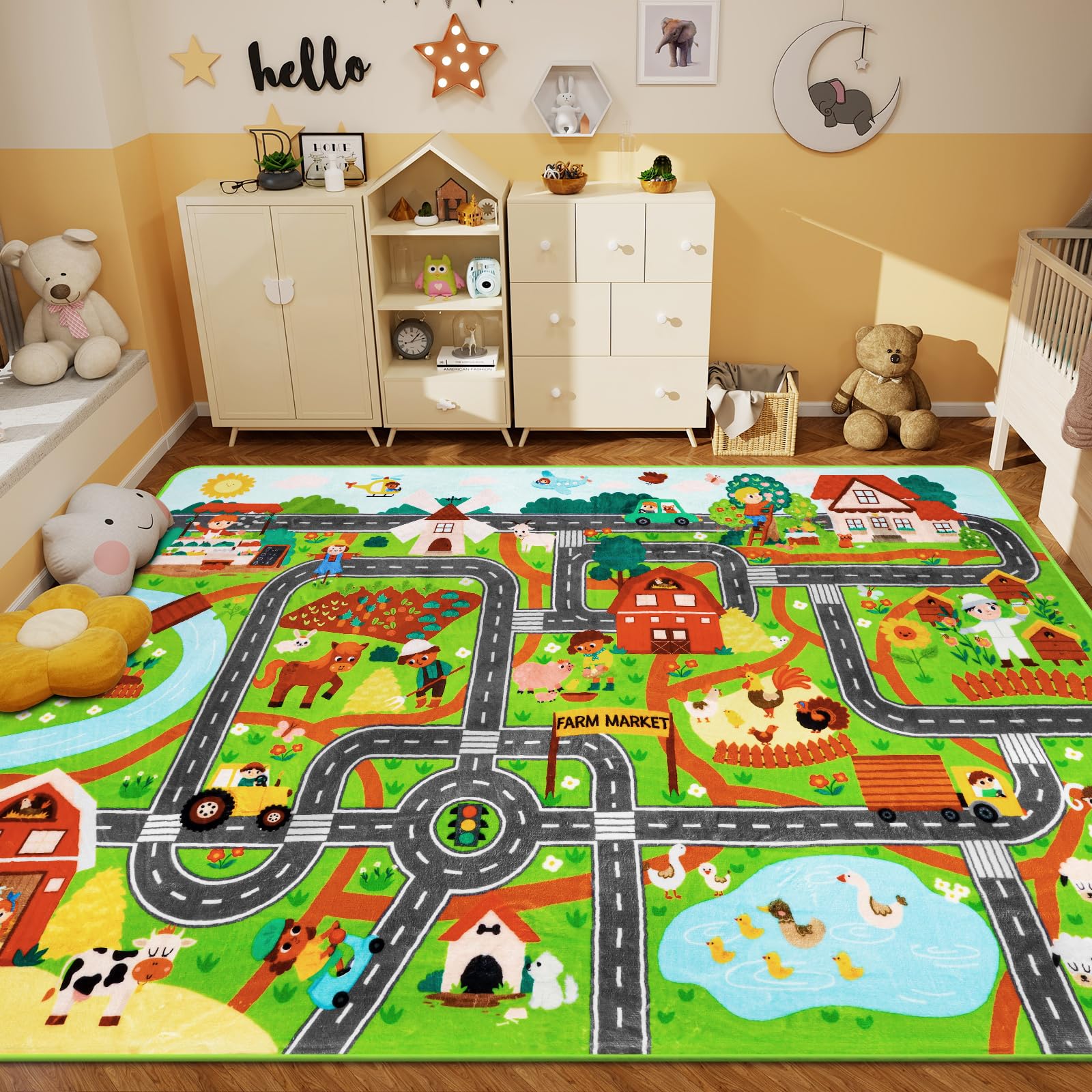 Tapis de jeu pour enfants pour voitures jouets, 150 x 100 cm, marché à la ferme, circulation routière, pour salle de jeux, voiture, carte de village, tapis de jeu antidérapant et lavable, pour