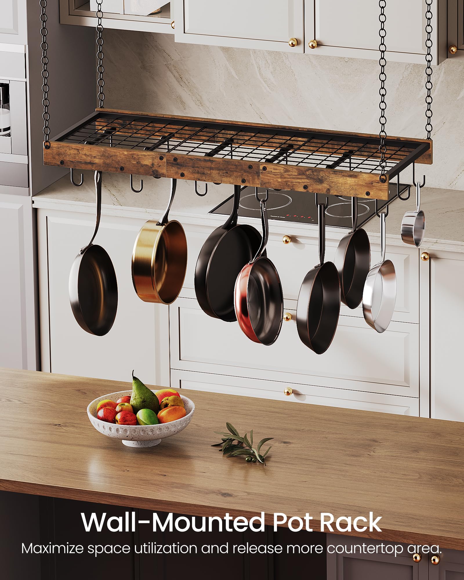 CHOEZON Colgador de Ollas, Soporte para Sartenes Suspendido del Techo, Estante de Cocina, Estilo Industrial, 18 Ganchos, Almacenamiento de Utensilios, Negro y Marrón Rústico DTPR12BFC1