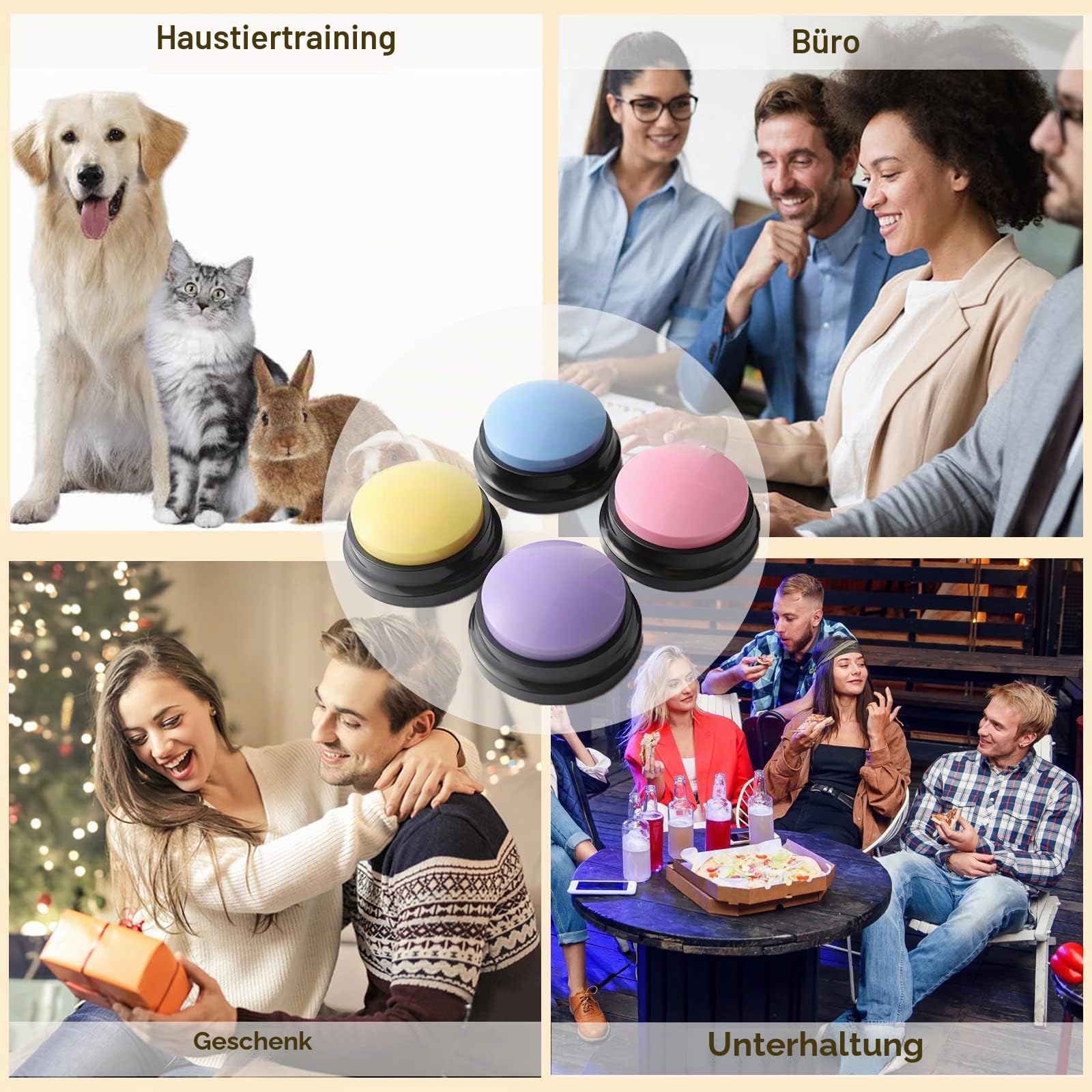 Buzzer mit Aufnahmefunktion, Buzzer mit Aufnahmefunktion, Intelligenzspielzeug für Hunde, Haustier Talking Training Antwort Buzzer, 30 Sekunden Aufnahme &Wiedergabe, 4 Stück