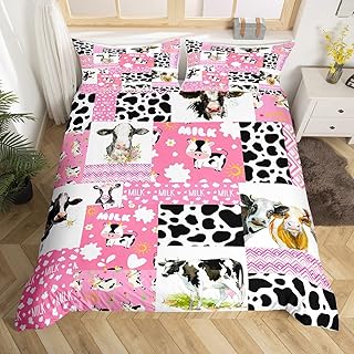 Erosebridal Cute Cow Bed Set Pink Cow Print Duvet Cover, Kawaii Animal Bedding Set Full Farmhouse Wildlife Comforter Cover, Patchwork Buffalo Bed Cover Boys Girls Room Decor