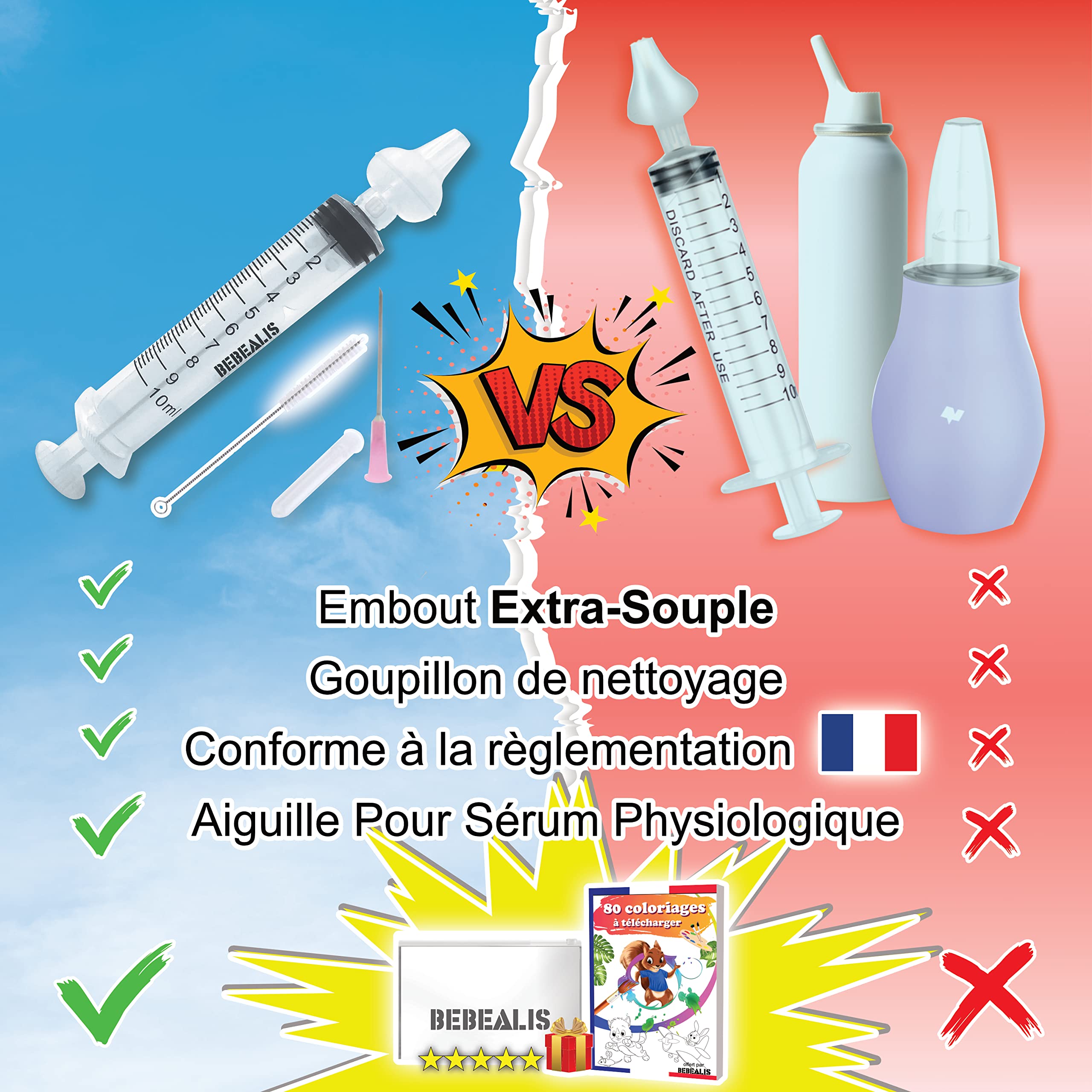 Mouche Bebe | Seringue Nasale Bébé [Normes NF] + Embouts Seringues Silicone + 1 Pointe Pipette Serum Physiologique | Trousse Soin Irrigateur Nez Enfant et Nourrisson (Pack x4 + 80 Coloriages)