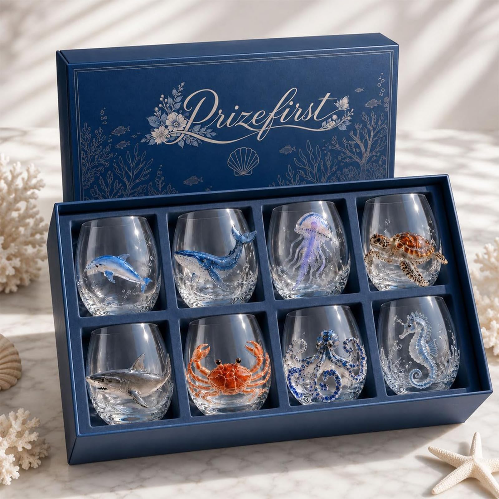 Pealeaf 350ml Octopus Glas, Stielloses Weinglas mit Meerestier Motiv, 3D Oktopus Design Trinkglas für Wein Cocktail und Bar, Kreatives Geschenk für Meeresliebhaber (Satz)