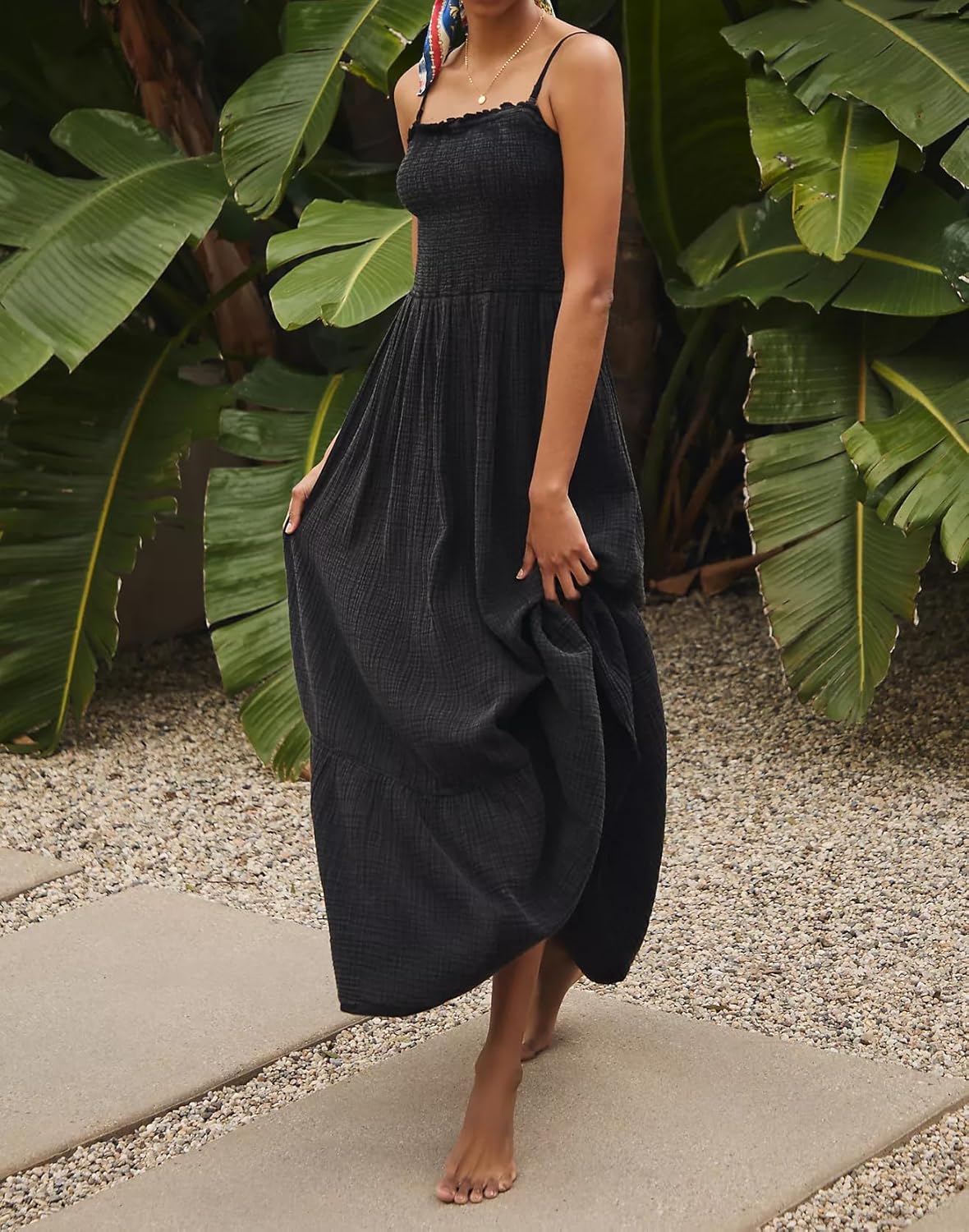 R.Vivimos Womens Summer Boho Cotton Maxi Dress Adjustable Spaghetti Strap Elastic Smocked Casual Ruffle Hem Flowy Beach Dress - Image 2