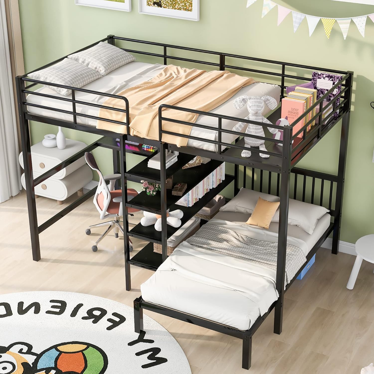 SOFTSEA Full Size Metal Loft Bed and Twin Platform Bed in