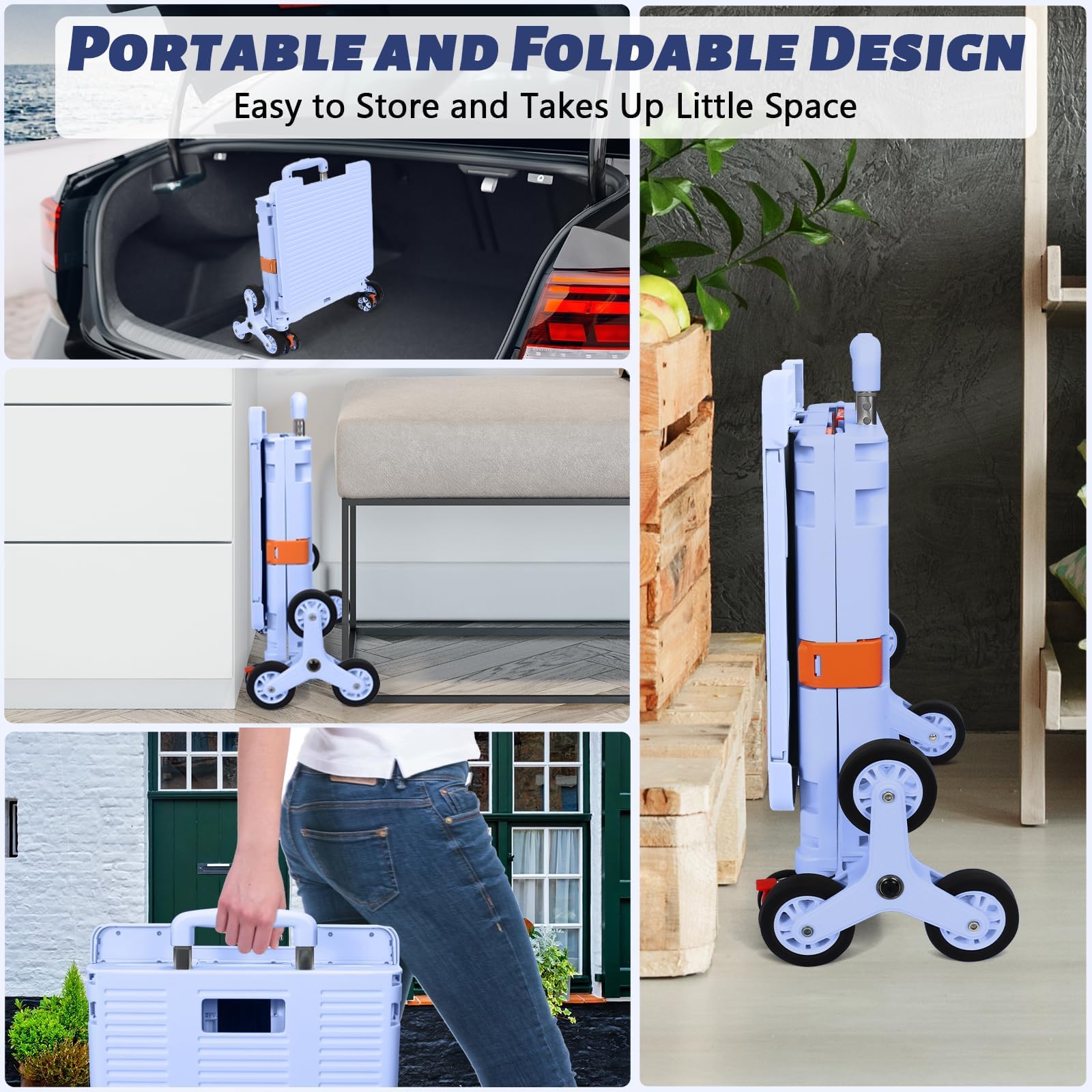 Carrito de Compras Plegable, Carro Portátil Plegable con Ruedas para Subir Escaleras, Cesta Compacta con Tapa Magnética, Carrito Rodante con Mango Telescópico, Ligero y Resistente hasta 80KG-Azul