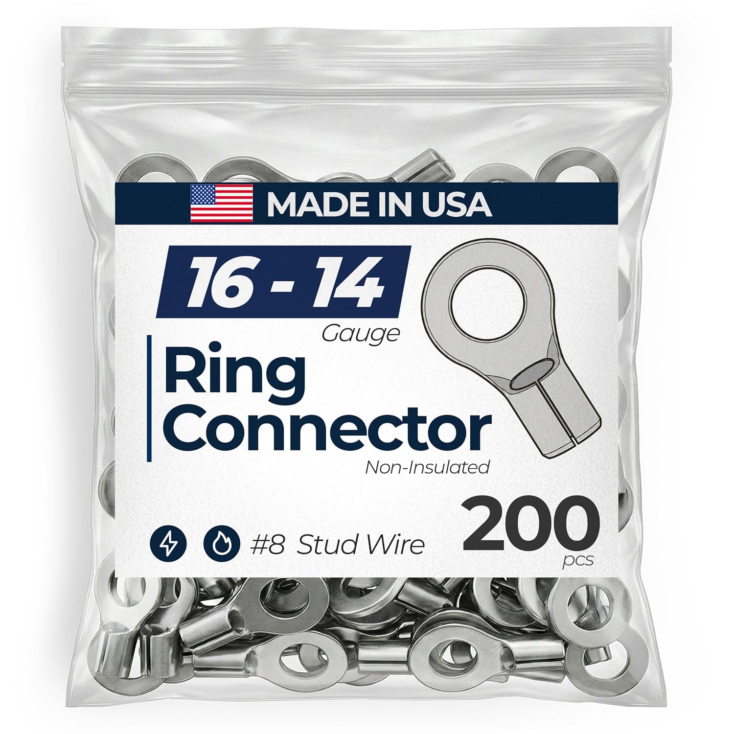 Sherco-Auto 200 Pack - Non-Insulated 16-14 AWG Gauge Ring Connector #8 Stud - Pure Copper & V-Grooves Serrations for Strong Crimps & Corrosion Resistance - Made in USA