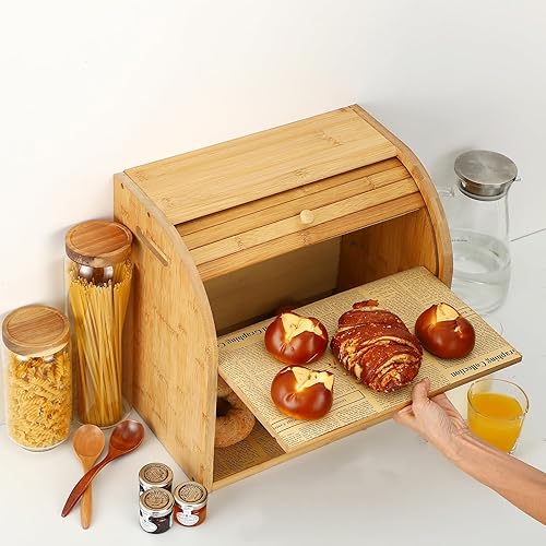 Miniatura 9 de G.a HOMEFAVOR Panera de bambú, panera de 2 capas para cocina, soporte de almacenamiento de pan de gran capacidad, panera de encimera, 15 x 9.8 x
