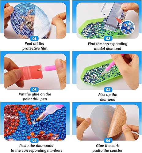 Miniatura 5 de Craftdady Juego de 8 piezas de pintura de diamantes oceánicos para adultos, posavasos de arte de diamantes con soporte, posavasos acrílicos para