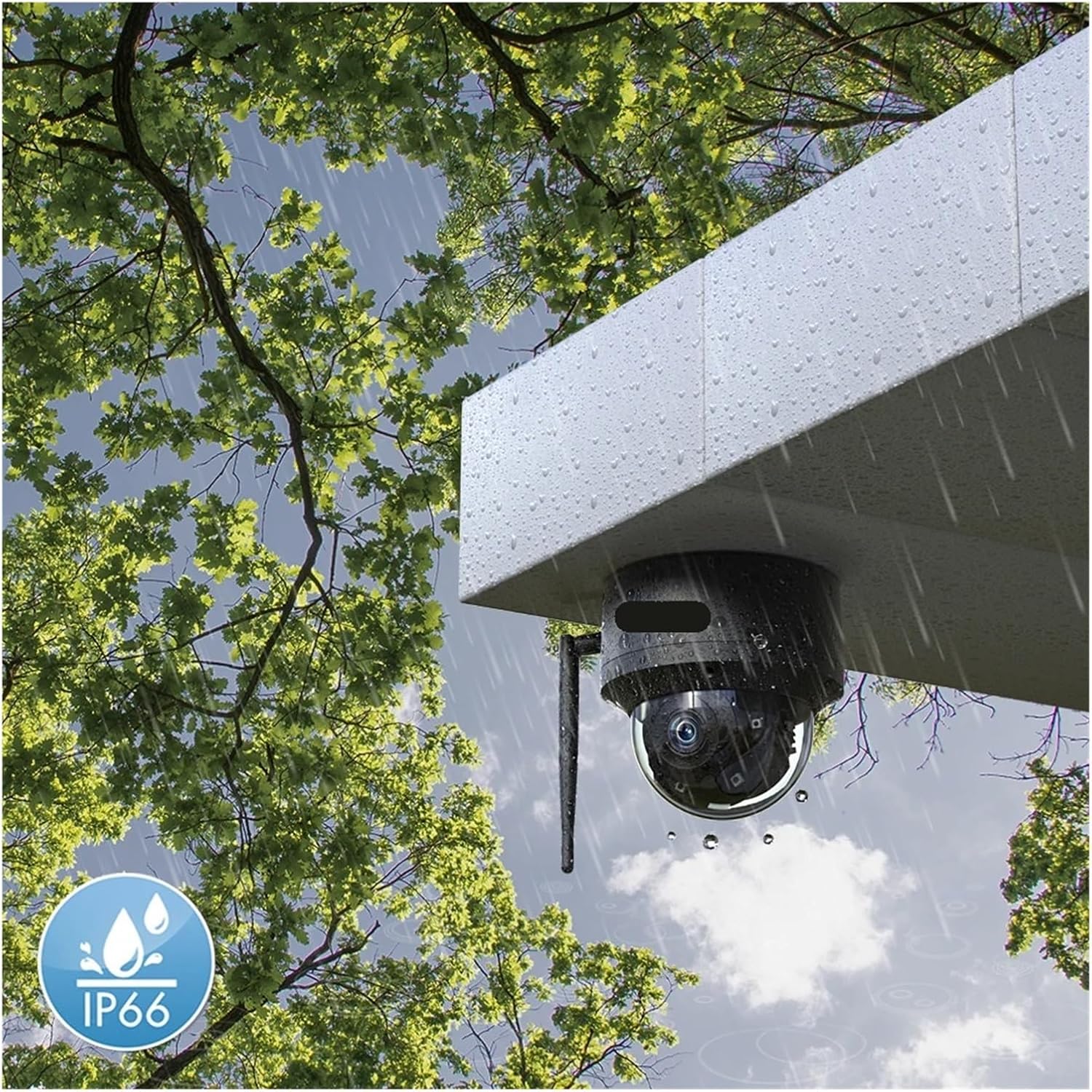 Security camera under light rain, with an IP66 waterproof rating icon.