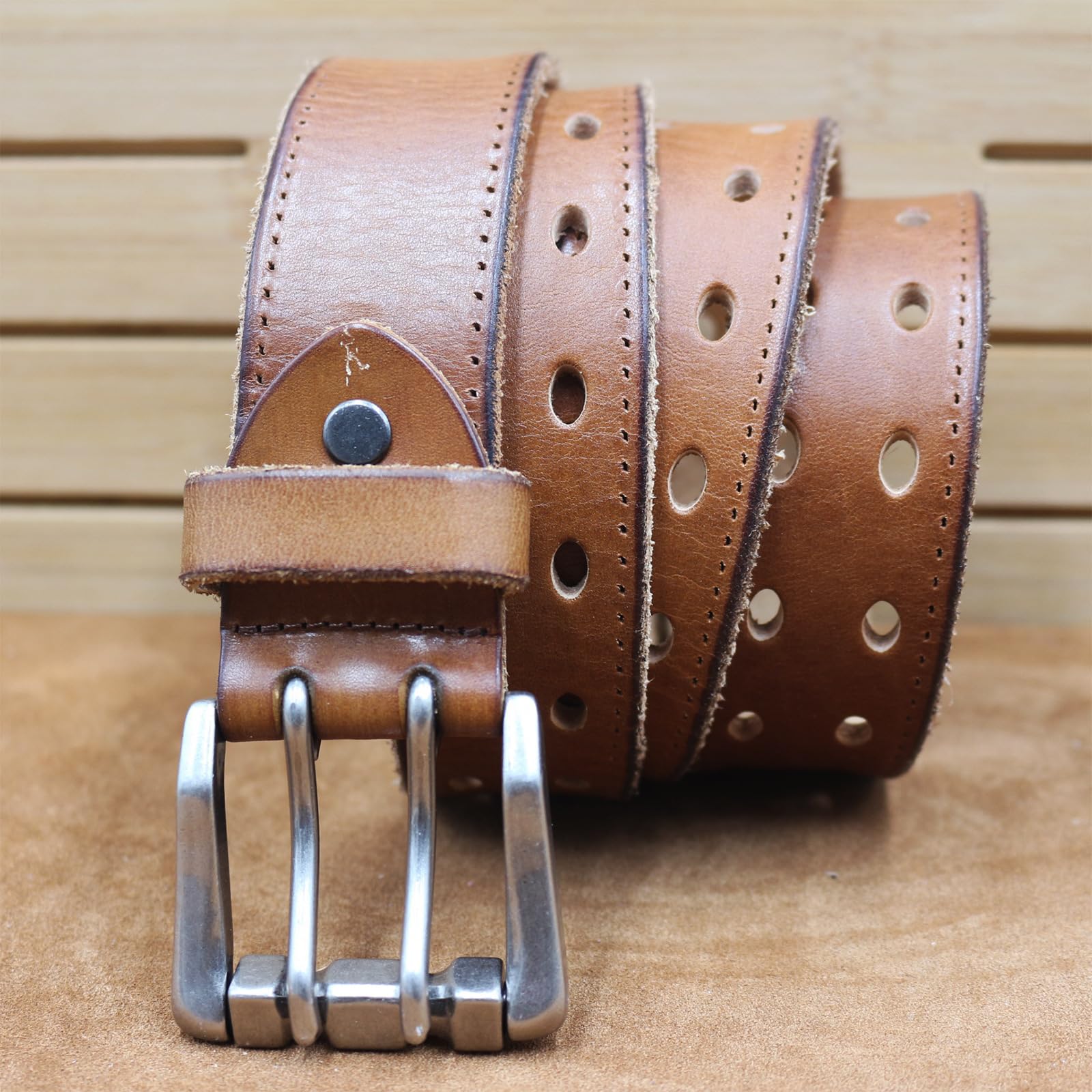 Ceinture De Travail pour Homme Cuir Pleine Fleur Très Résistant Aspect Vieilli Ceinturon Boucle à Double Ardillon, Sangle De Taille à 2 Trous(120cm/47, Brown)
