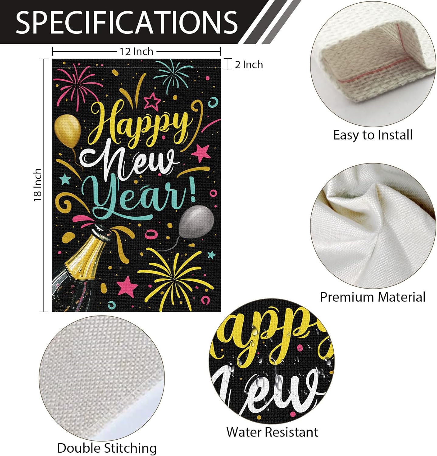 Heyfibro Happy New Year Christmas Firework Garden Flag 12x18 Inch Double Sided Burlap Champagne Balloon Celebration Banner for Winter Holiday Party Yard Outdoor Decoration(ONLY FLAG) - Image 4