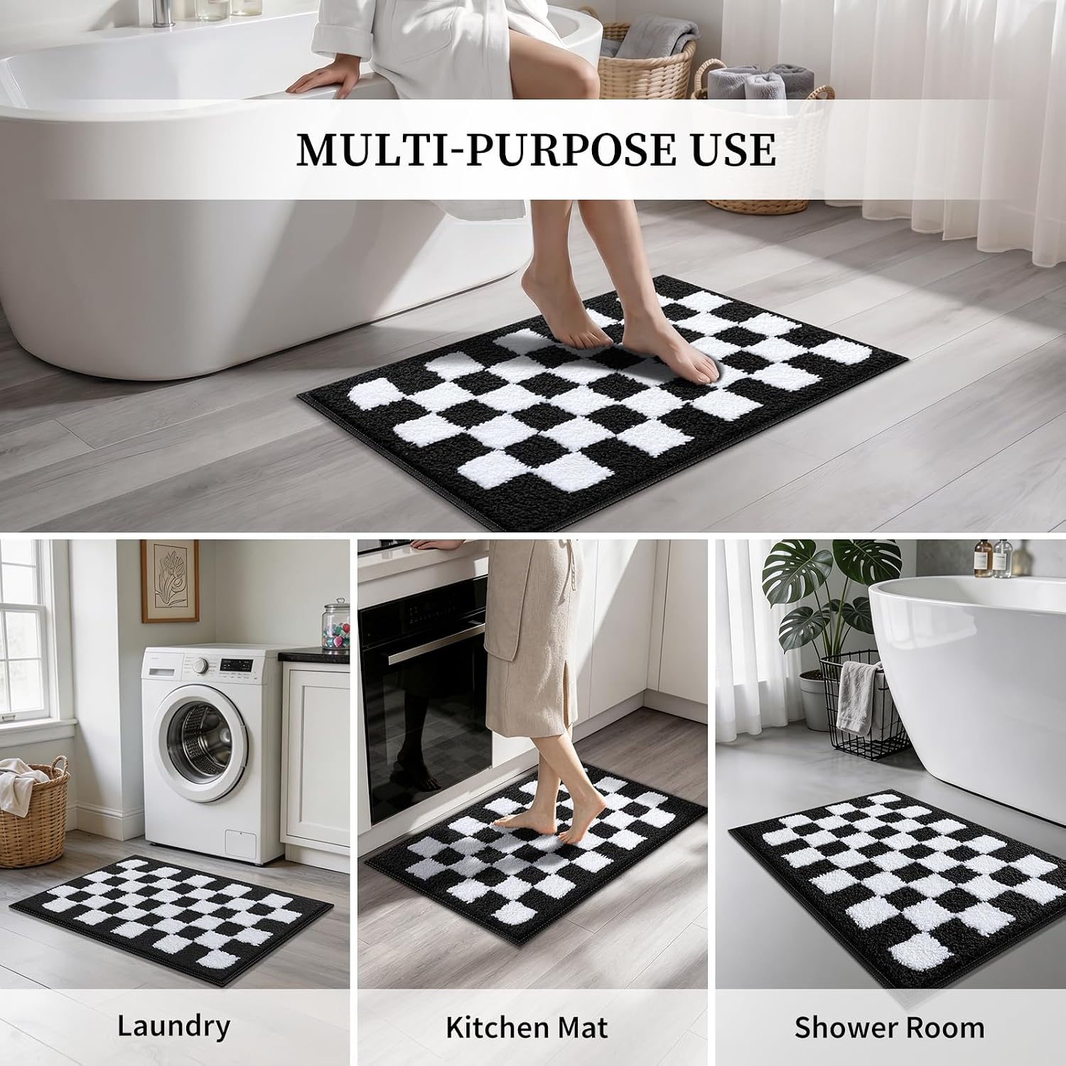Black and White Checkered Bath Rugs 17" * 24",Soft Fur Plush Bathroom Mat, Non Slip Machine Washable Absorbent Checkered Bath Mat as Decor for Shower Tub Sink