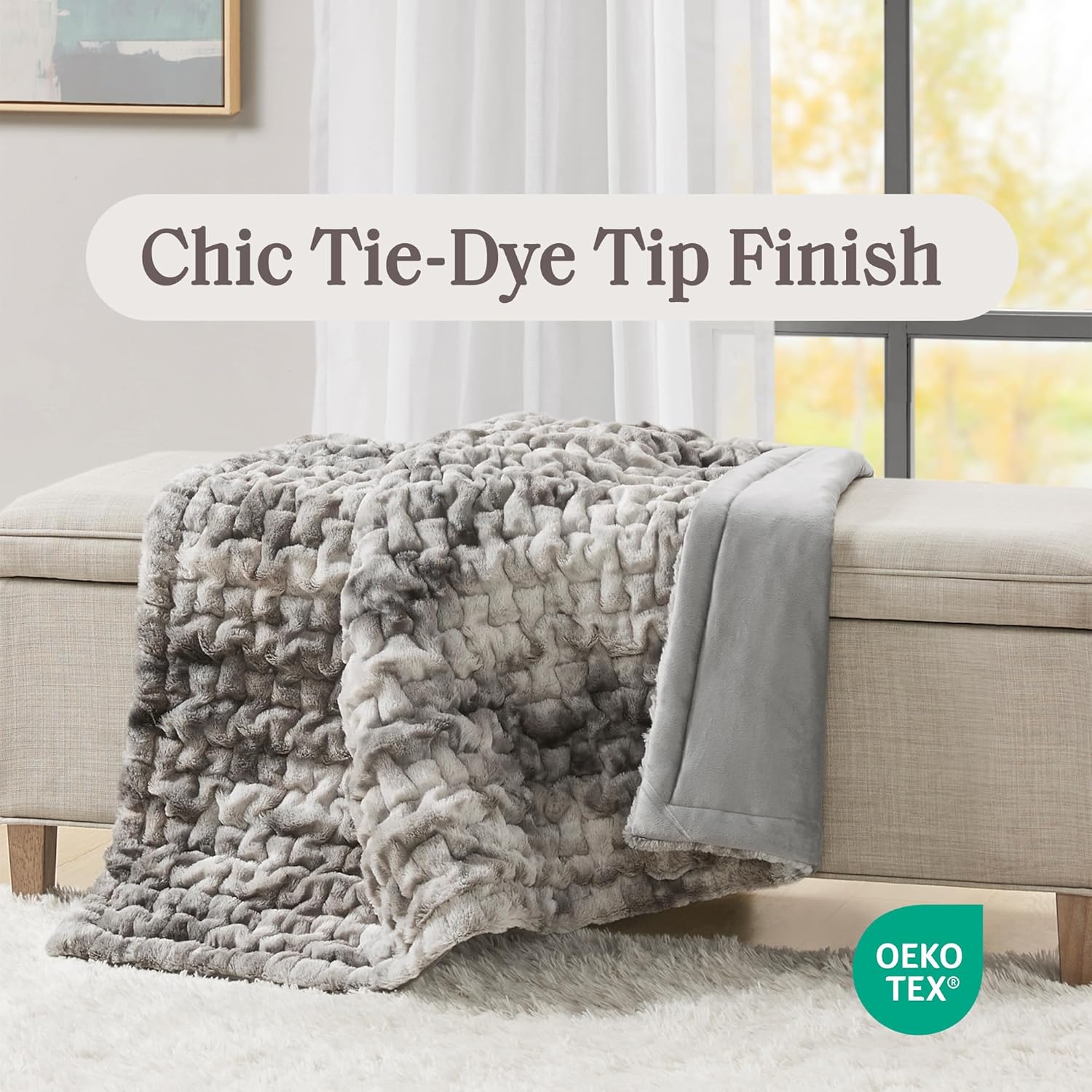 Madison Park Faux Fur Throw, Luxurious Ruched Texture, Fuzzy Warm, Plush Mink-Like Reverse, All Season, Lightweight & Cozy Blanket-Throw for Sofa, Couch, Living Room & Office 50" x 60" Gray Tie Dye - Image 3