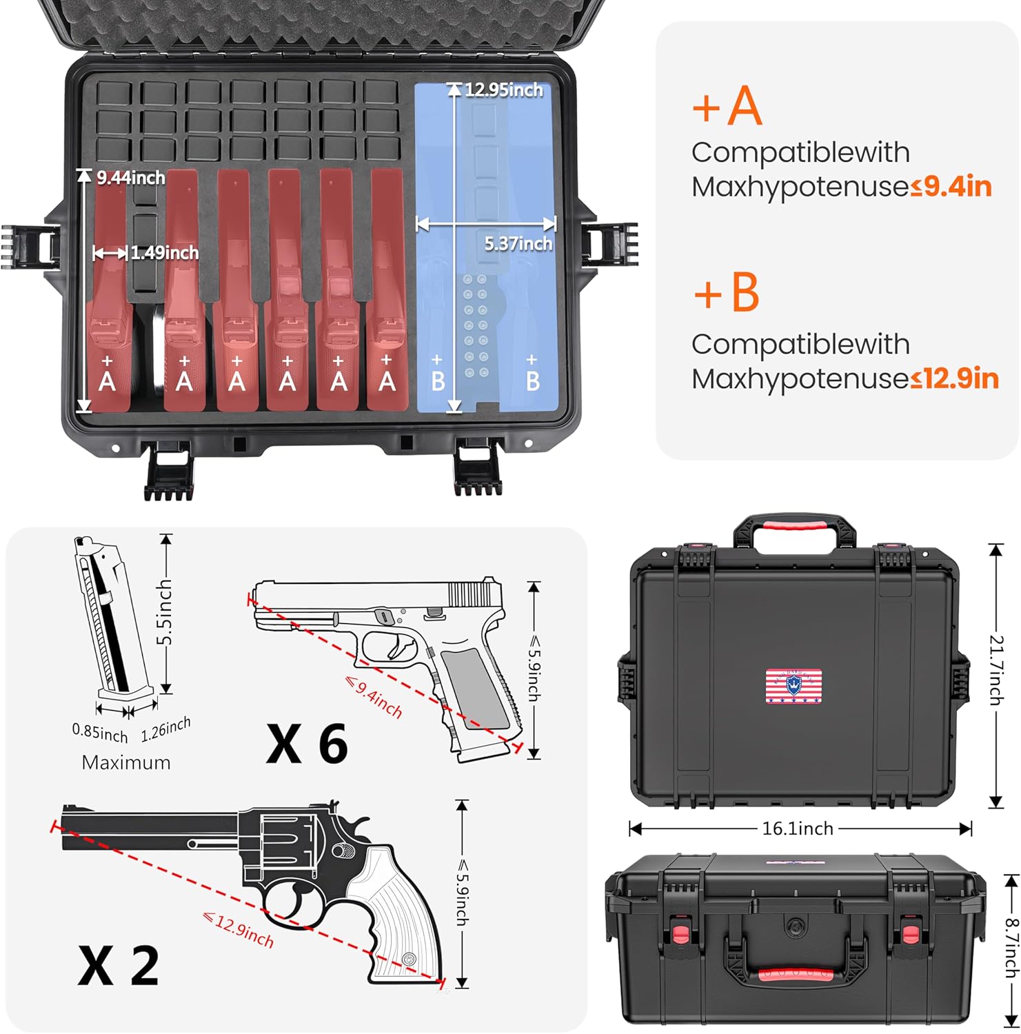 Gun Cases for Handguns, 5 Pistol Case & 21 Magazine Pre-Cut Multiple Pistols Shockproof Waterproof Hard Pistol Cases with Desiccant TSA Approved Firearm Travel Case - Image 3