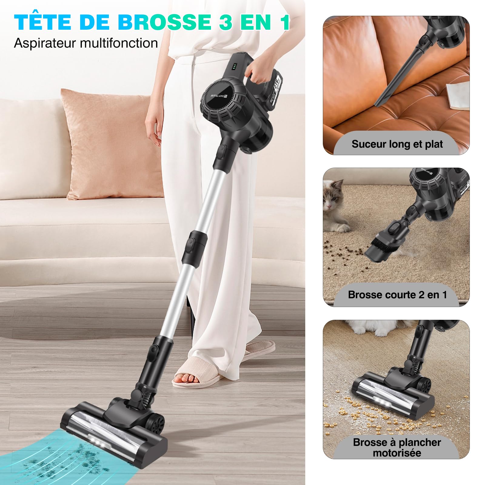 Aspirateur Balai sans Fil Multifonctions 4 en 1 Hoover Laveur avec Batterie Rechargeable 3000mAh - 2 Mode D'aspiration De Puissance