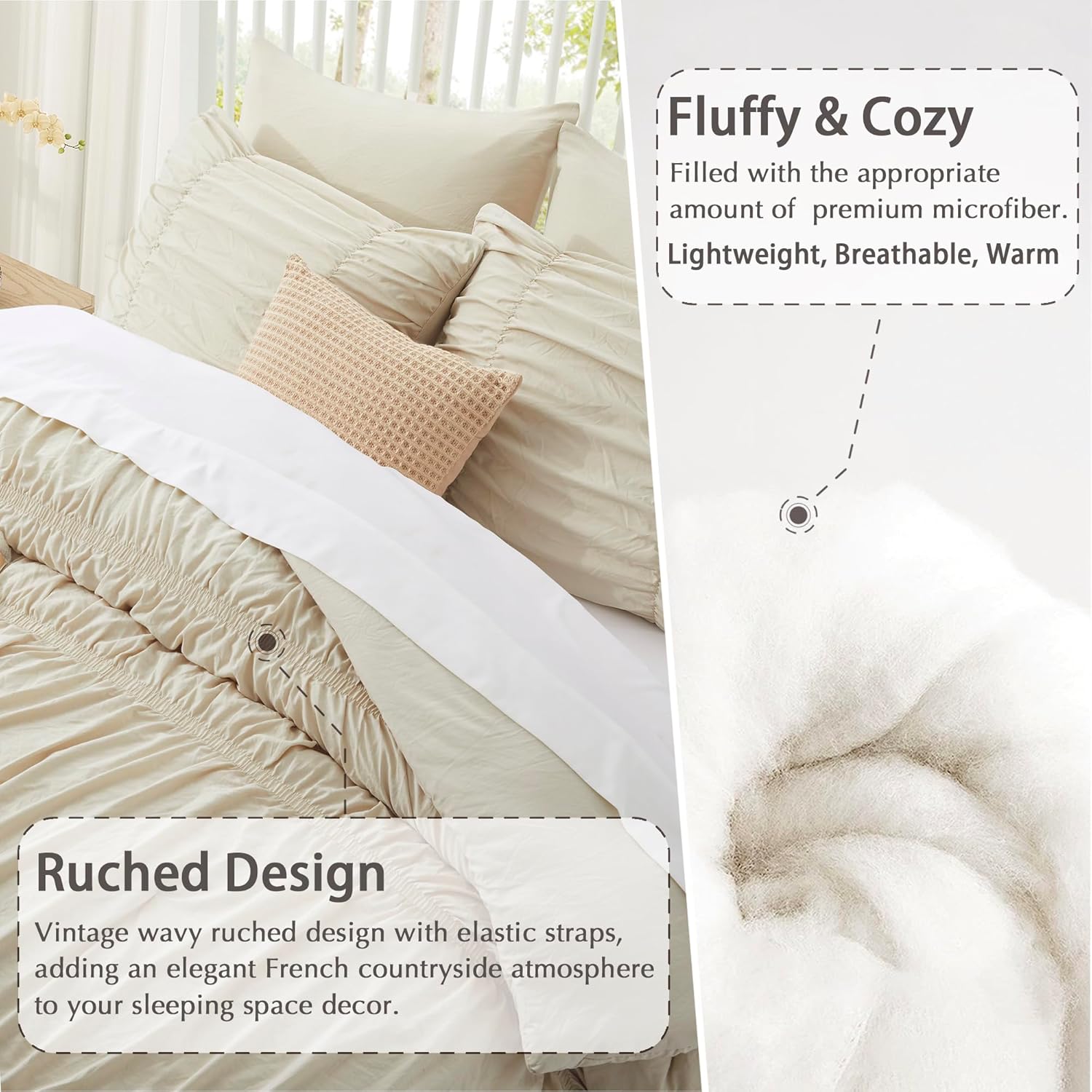 Oli Anderson Ruched Comforter Set Queen Size, 5PCS Fluffy Comforter with Elastic Design, Vintage Boho Comforter Bedding Sets, Shabby Chic Farmhouse Rustic Style Bedroom Decor for All Seasons - Beige
