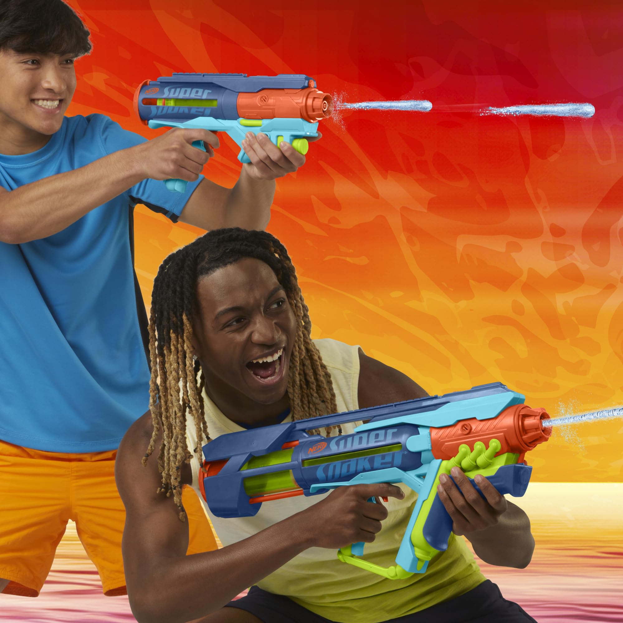 Two individuals engaged in a water battle, one firing the Nerf Super Soaker Power Drench Water Blaster.