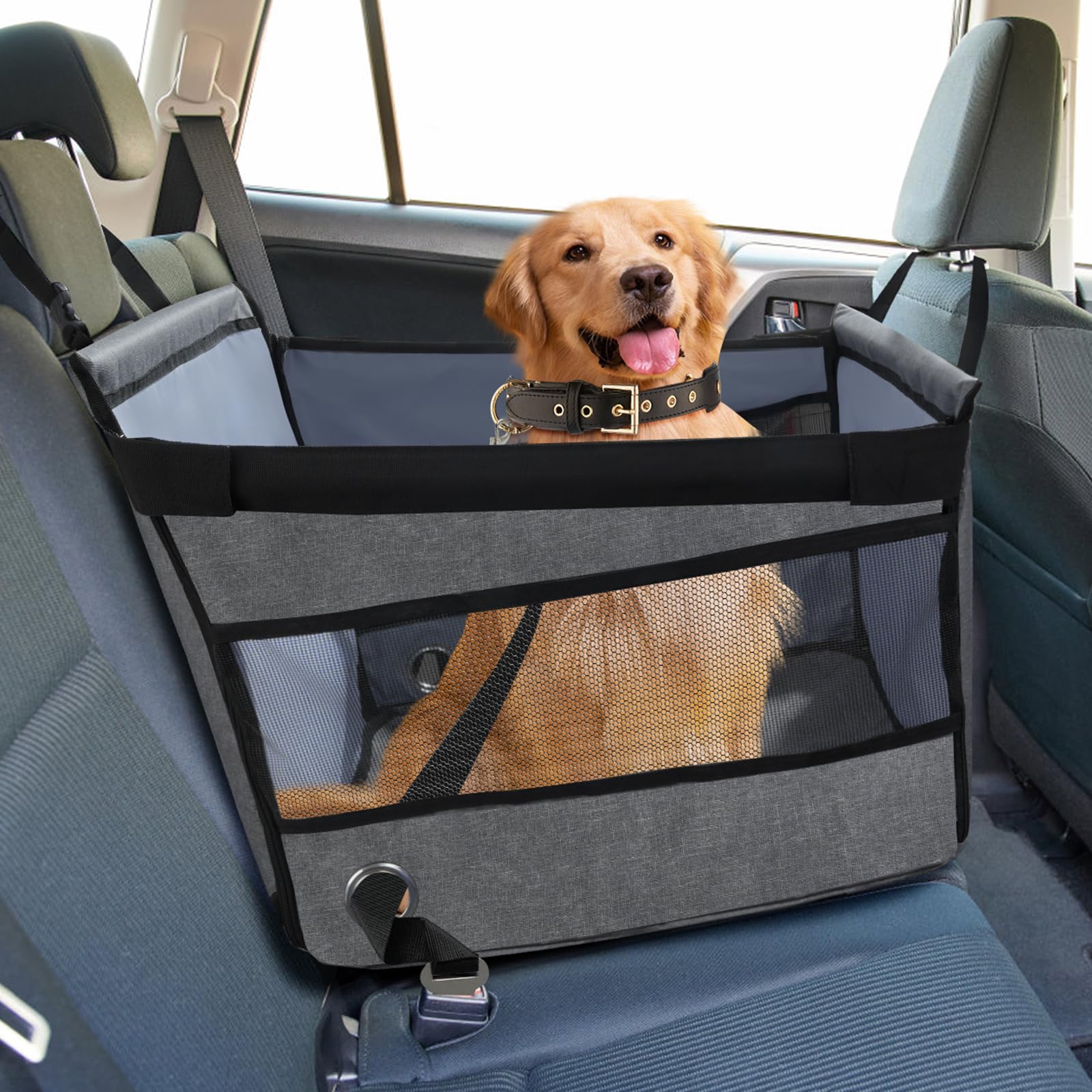 Seggiolino auto sicuro per, comodo cestino per auto per cani, protezione per auto per cani con finestra ventilata, cinghia regolabile, compatibile con tutti i veicoli (49x49x38 cm)